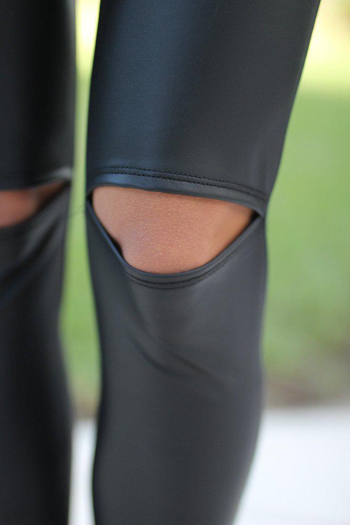Black Cutout Knee Faux Leather Leggings