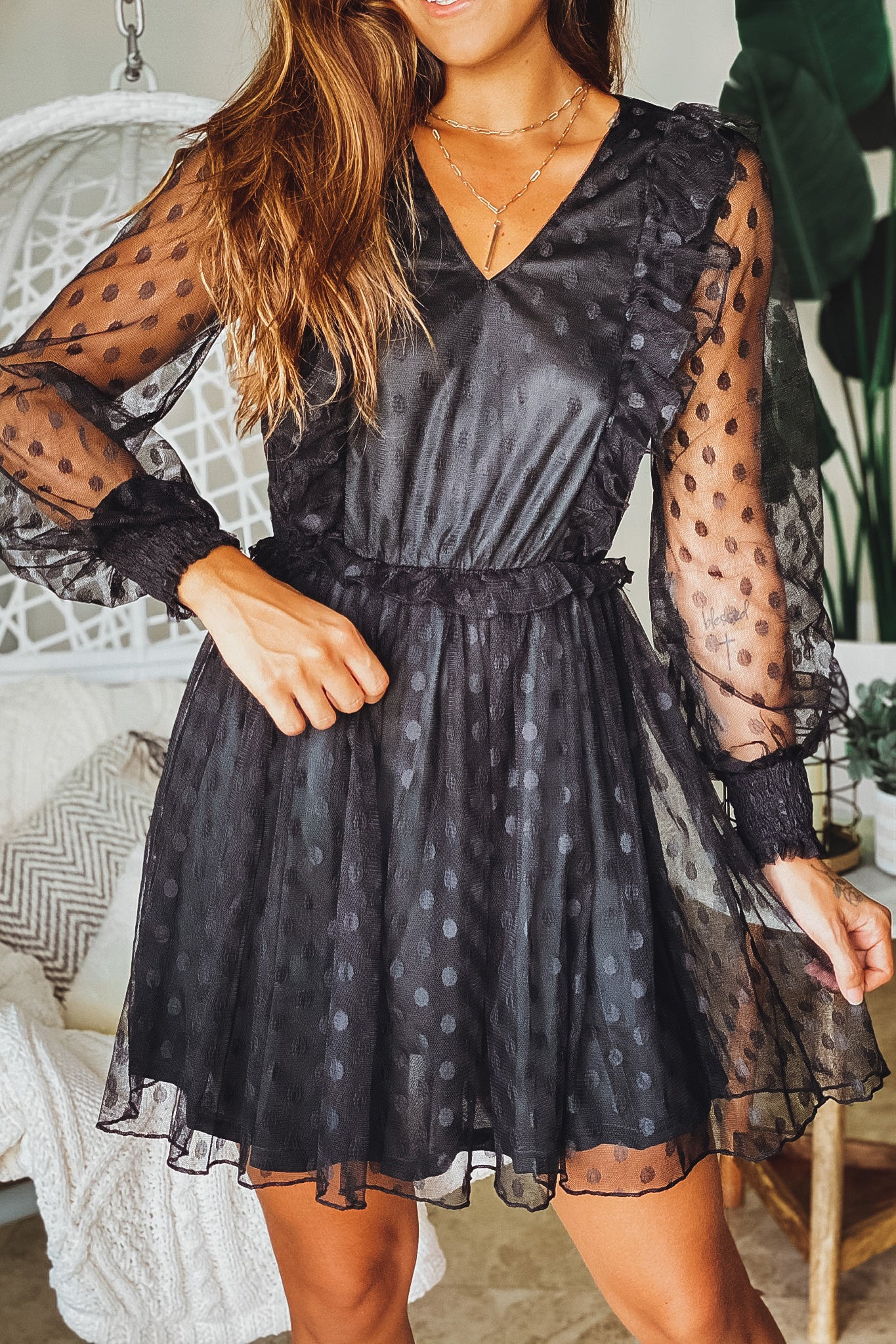 knee length dresses for ladies Black Lace Short Sleeve Dotted Mesh Dress – Petite Marguerite main image 1