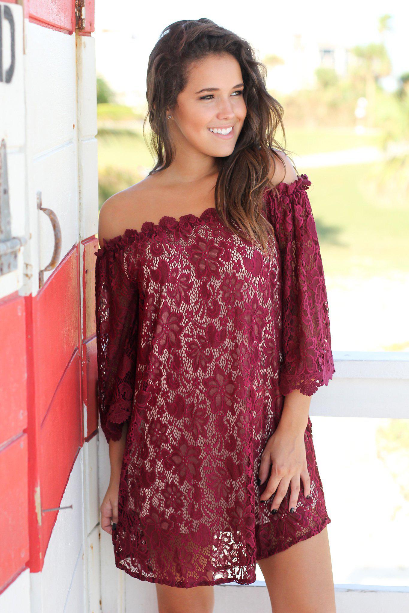 Burgundy Lace Off Shoulder Short Dress | Online Boutiques Saved by the Dress Burgundy Lace Off Shoulder Short Dress | Online Boutiques Saved by the Dress