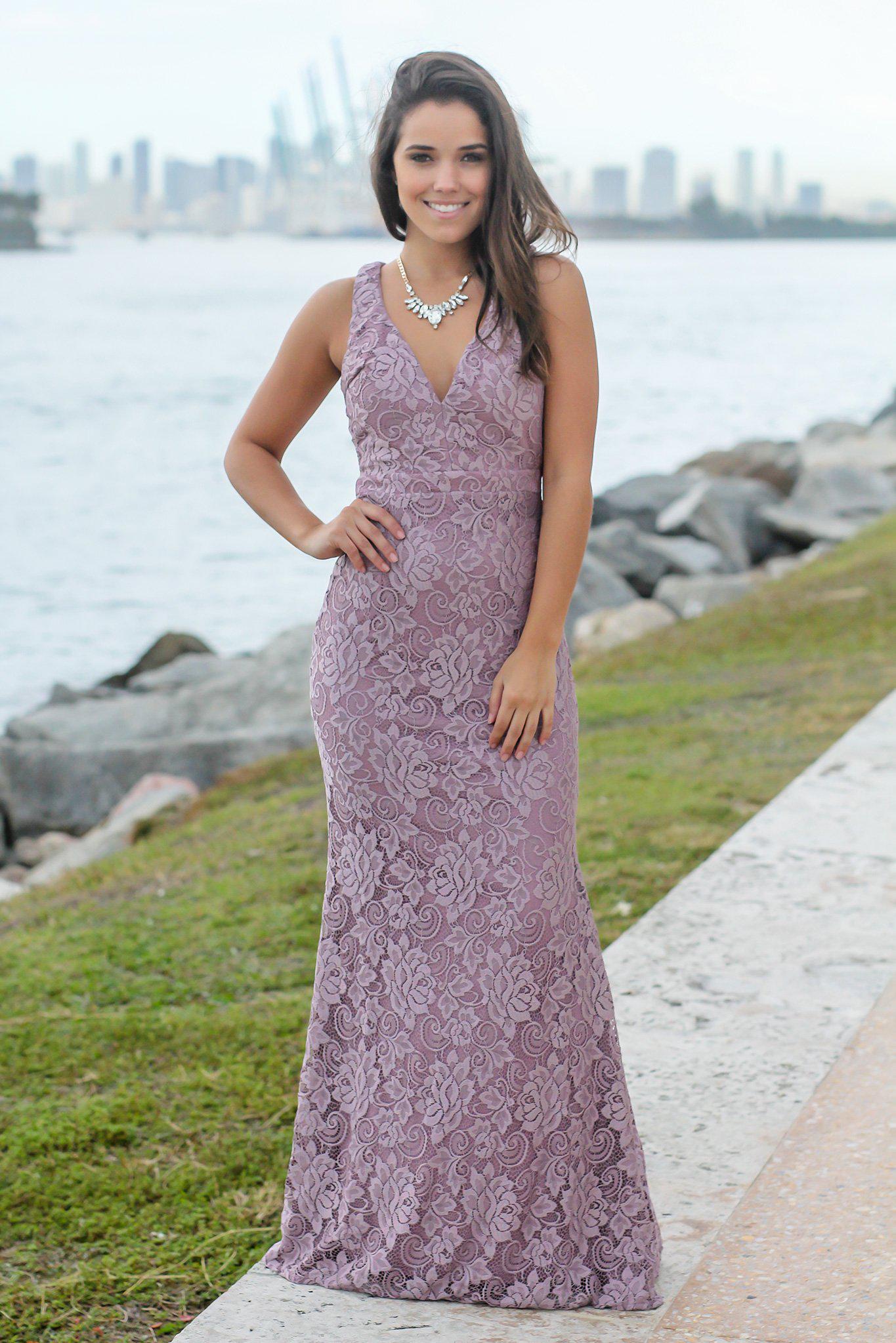 Mauve Lace Maxi Dress with Open Back | Bridesmaid Dresses Saved by the Dress Mauve Lace Maxi Dress with Open Back | Bridesmaid Dresses Saved by the Dress