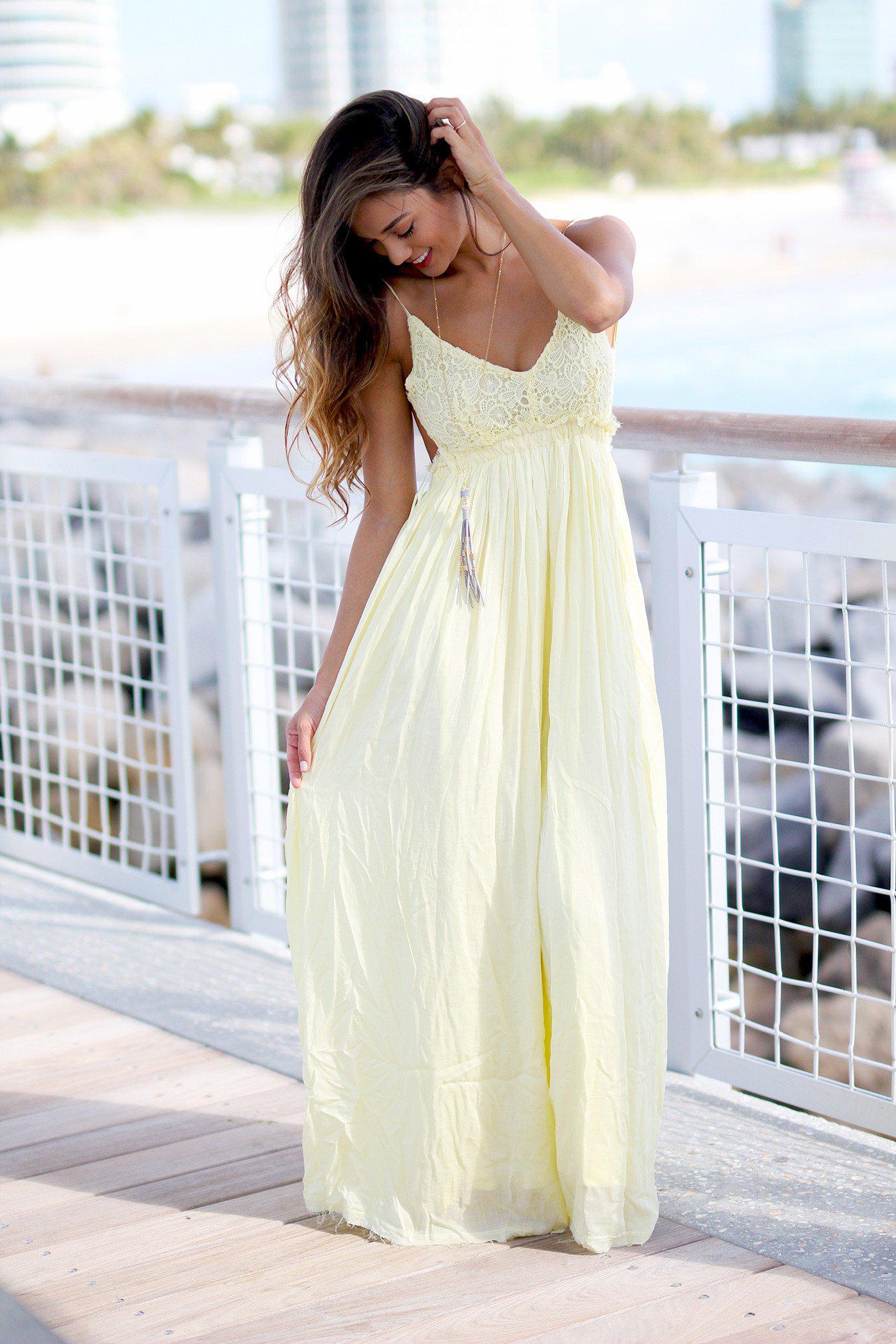Yellow Lace Maxi Dress with Open Back and Frayed Hem