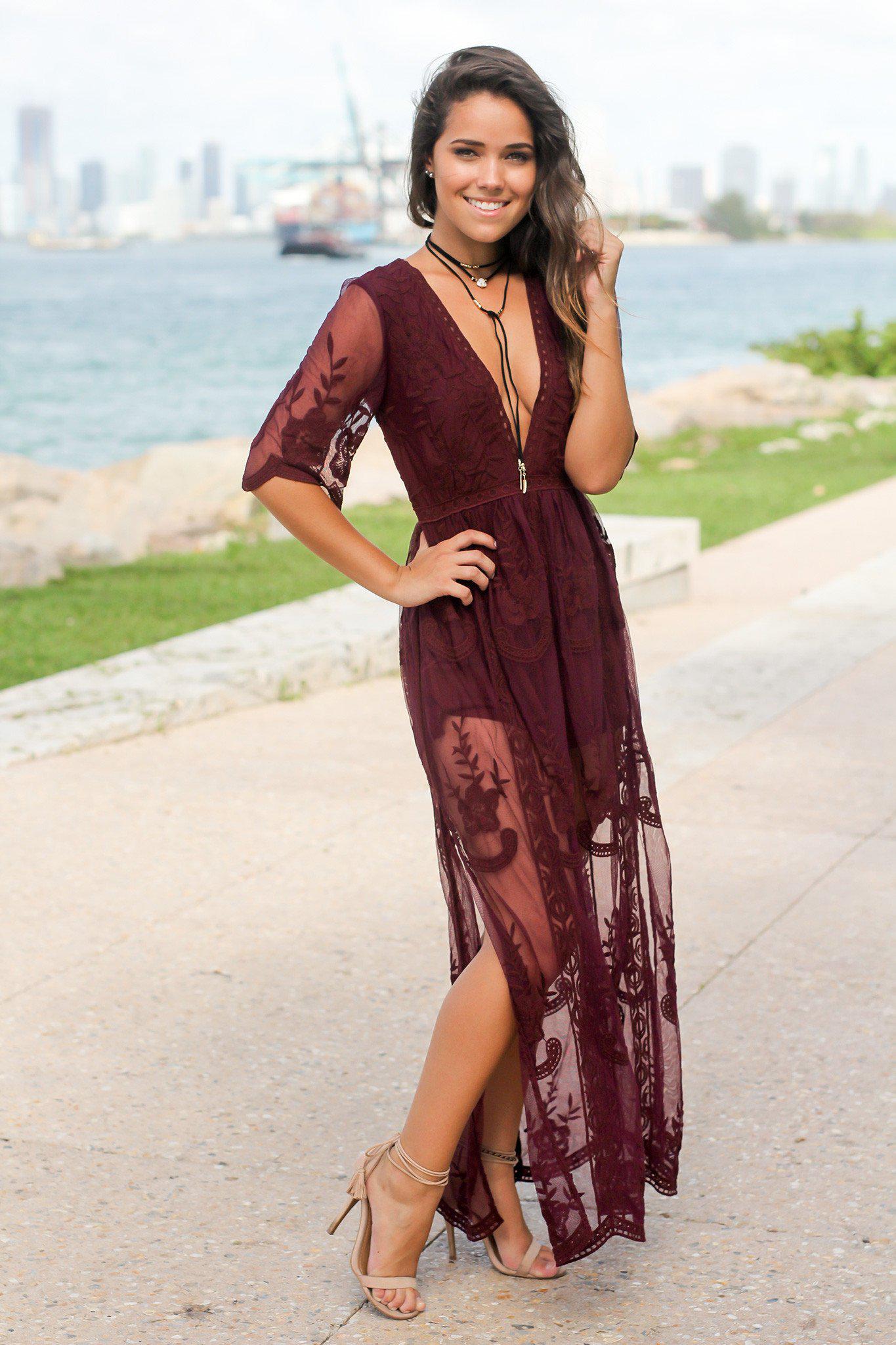 Burgundy Lace Maxi Romper | Rompers Saved by the Dress Burgundy Lace Maxi Romper | Rompers Saved by the Dress
