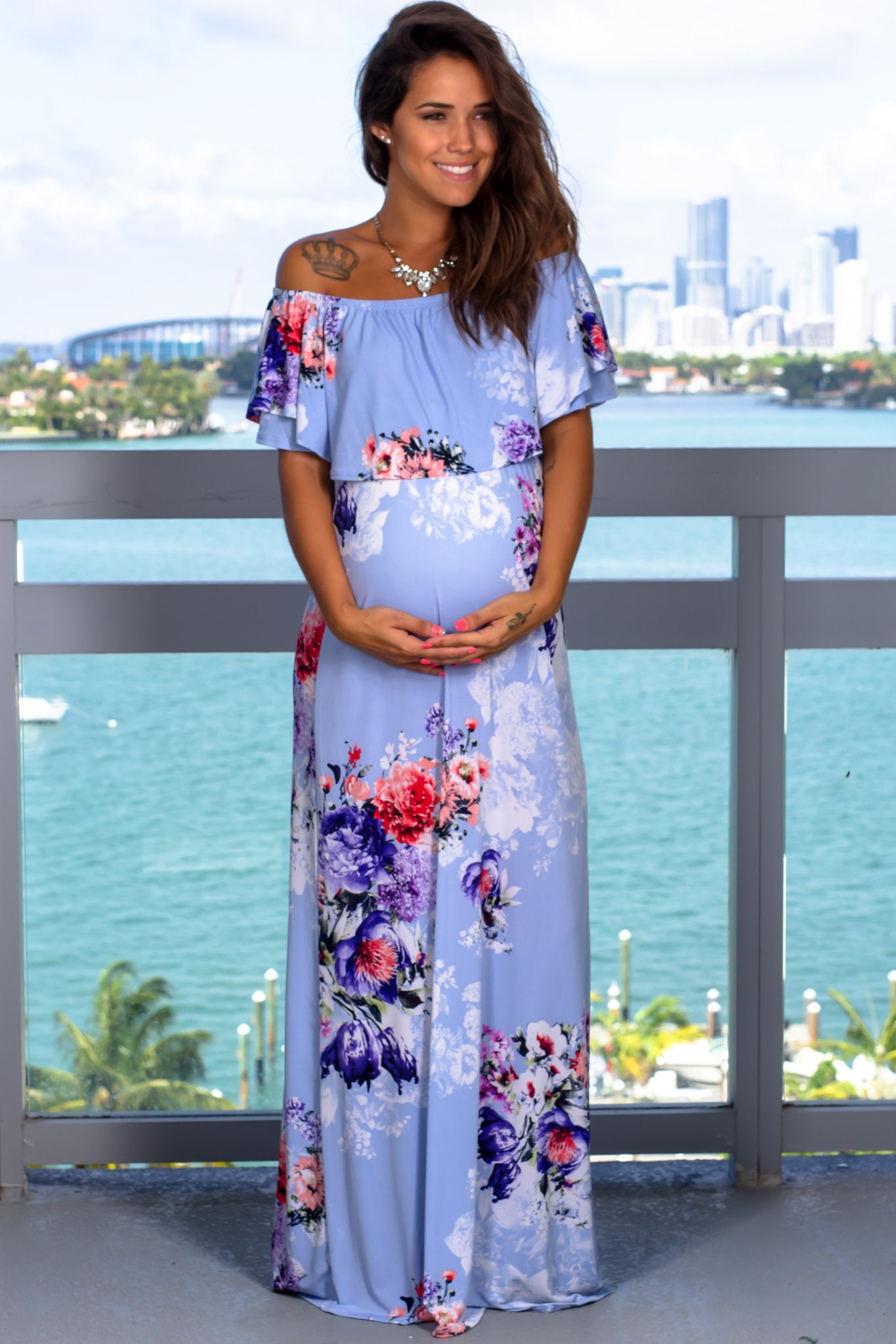 Light Blue Floral Off Shoulder Maxi Dress