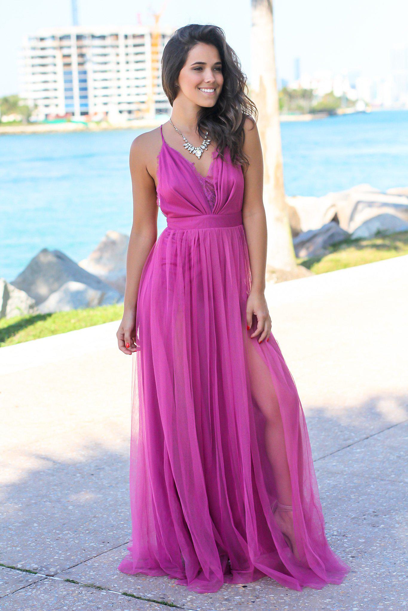 Magenta Tulle Maxi Dress with Lace Detail Maxi Dresses Saved by the