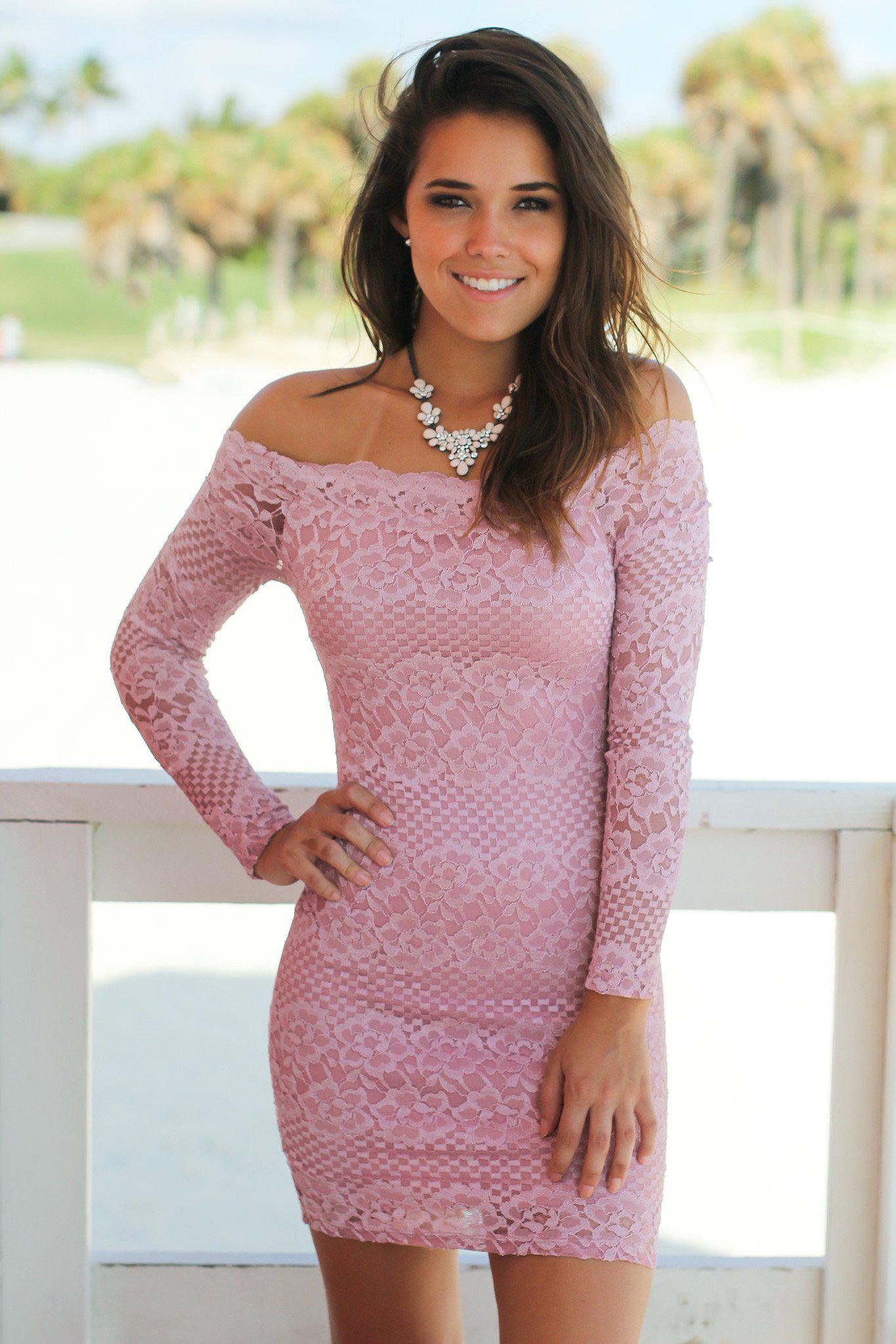 Mauve Lace Off Shoulder Short Dress