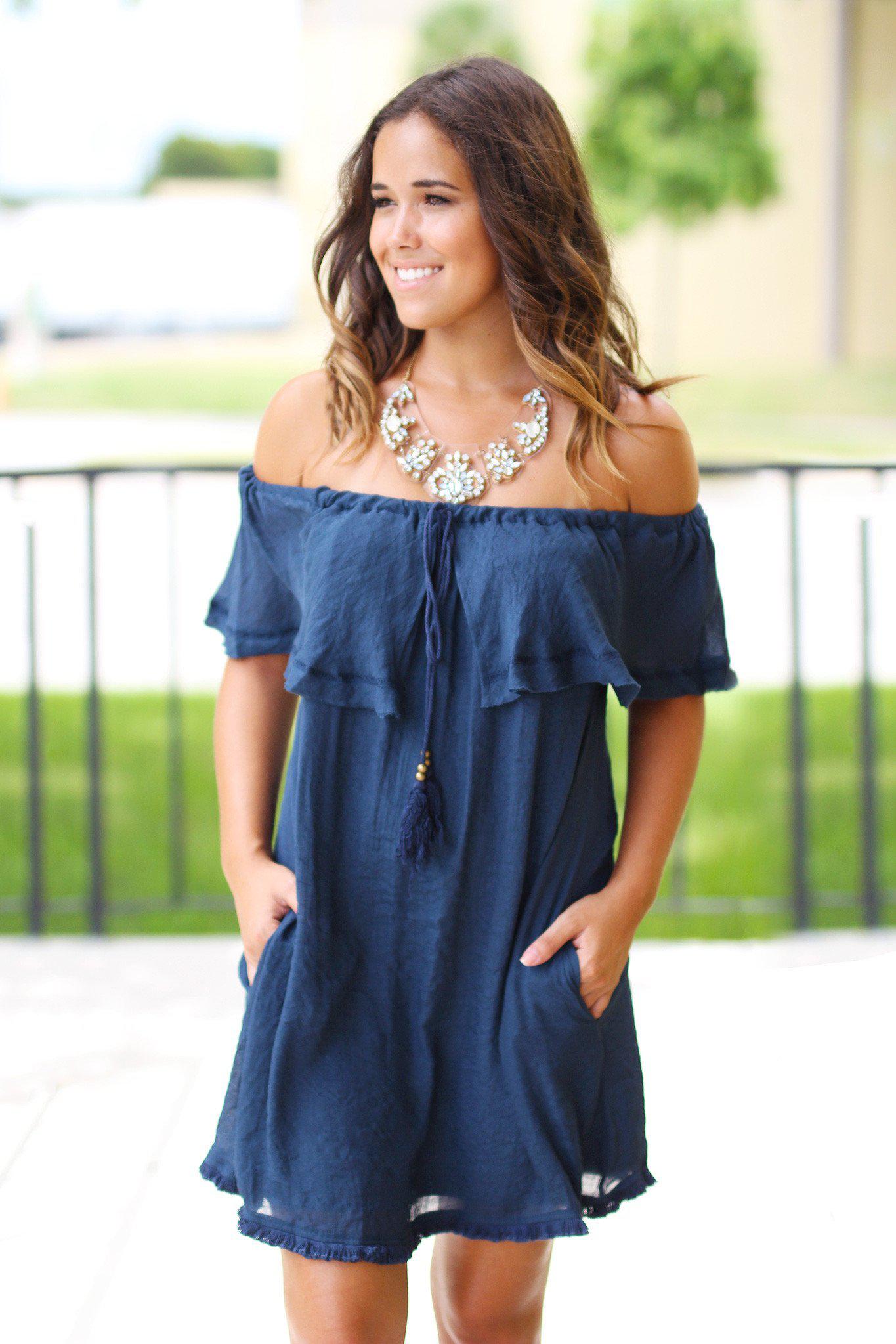 Midnight Navy Off Shoulder Ruffle Short Dress Midnight Navy Short Dress Cute Dress Saved by the Dress