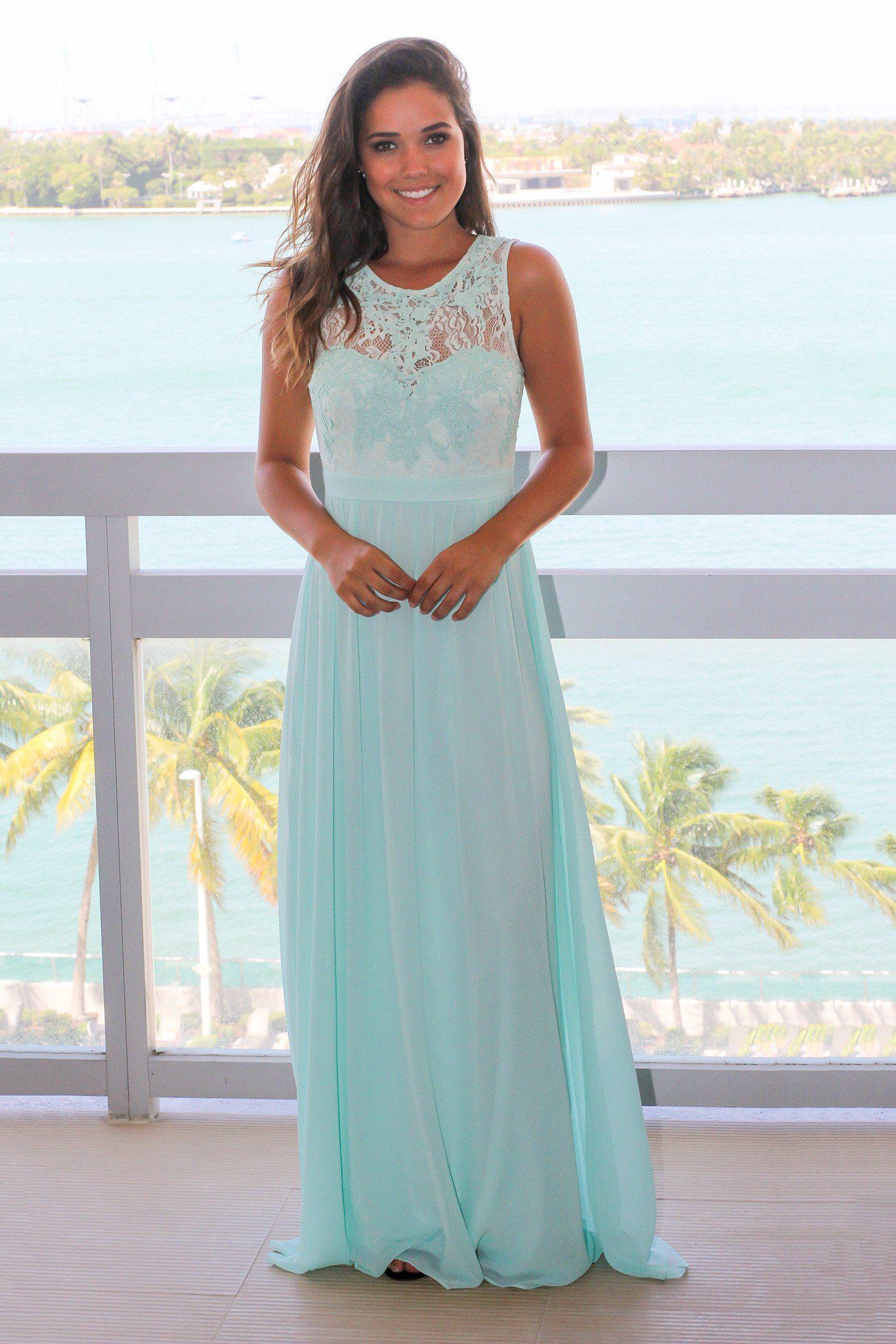 Mint Chiffon Maxi Dress with Lace Top | Bridesmaid Dresses Saved by the Dress Mint Chiffon Maxi Dress with Lace Top | Bridesmaid Dresses Saved by the Dress
