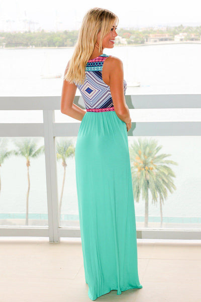 Mint Maxi Dress with Printed Top