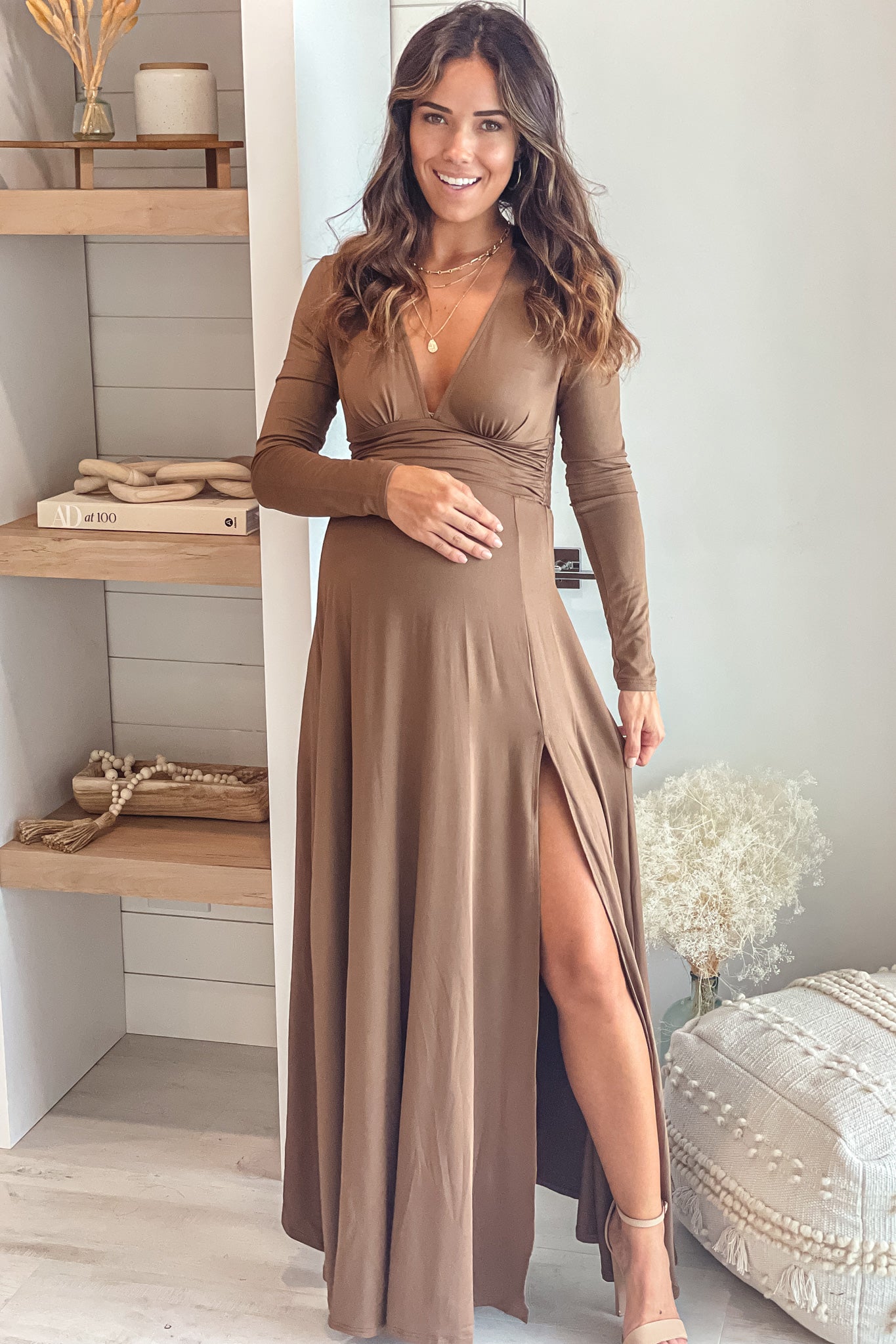 Mocha Maternity Maxi Dress with Long Sleeves | Saved By The Dress Saved by the Dress Mocha Maternity Maxi Dress with Long Sleeves | Saved By The Dress Saved by the Dress