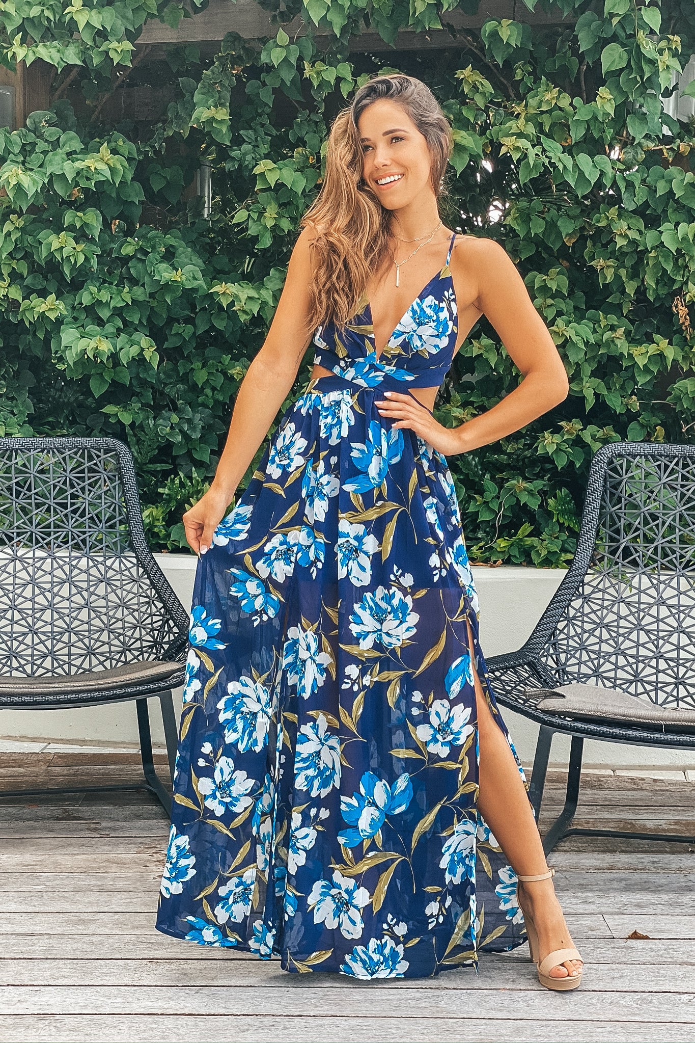 Navy and Ivory Floral Maxi Dress with Slits