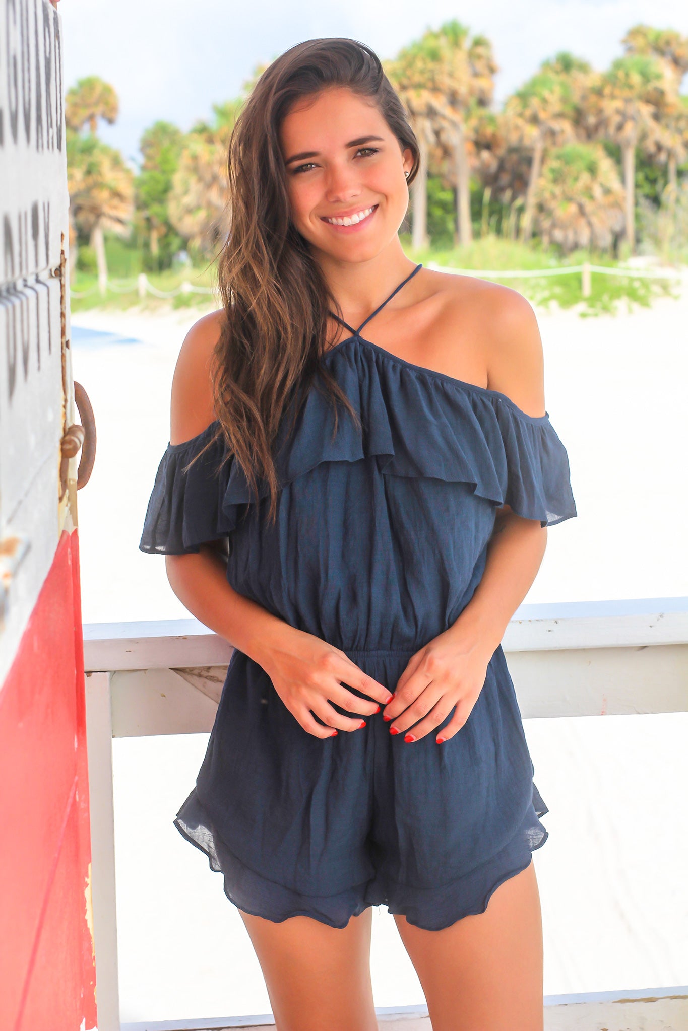 One Shoulder Pleather Romper - Navy main image 1