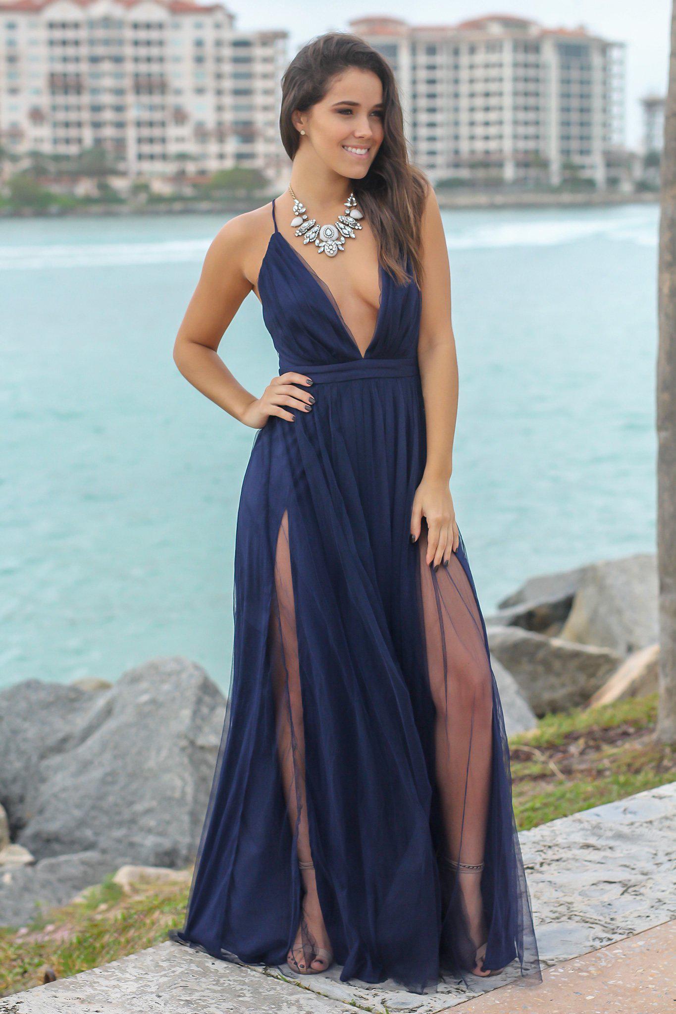 navy blue maxi dress beach Navy Tulle Maxi Dress with Criss Cross Back