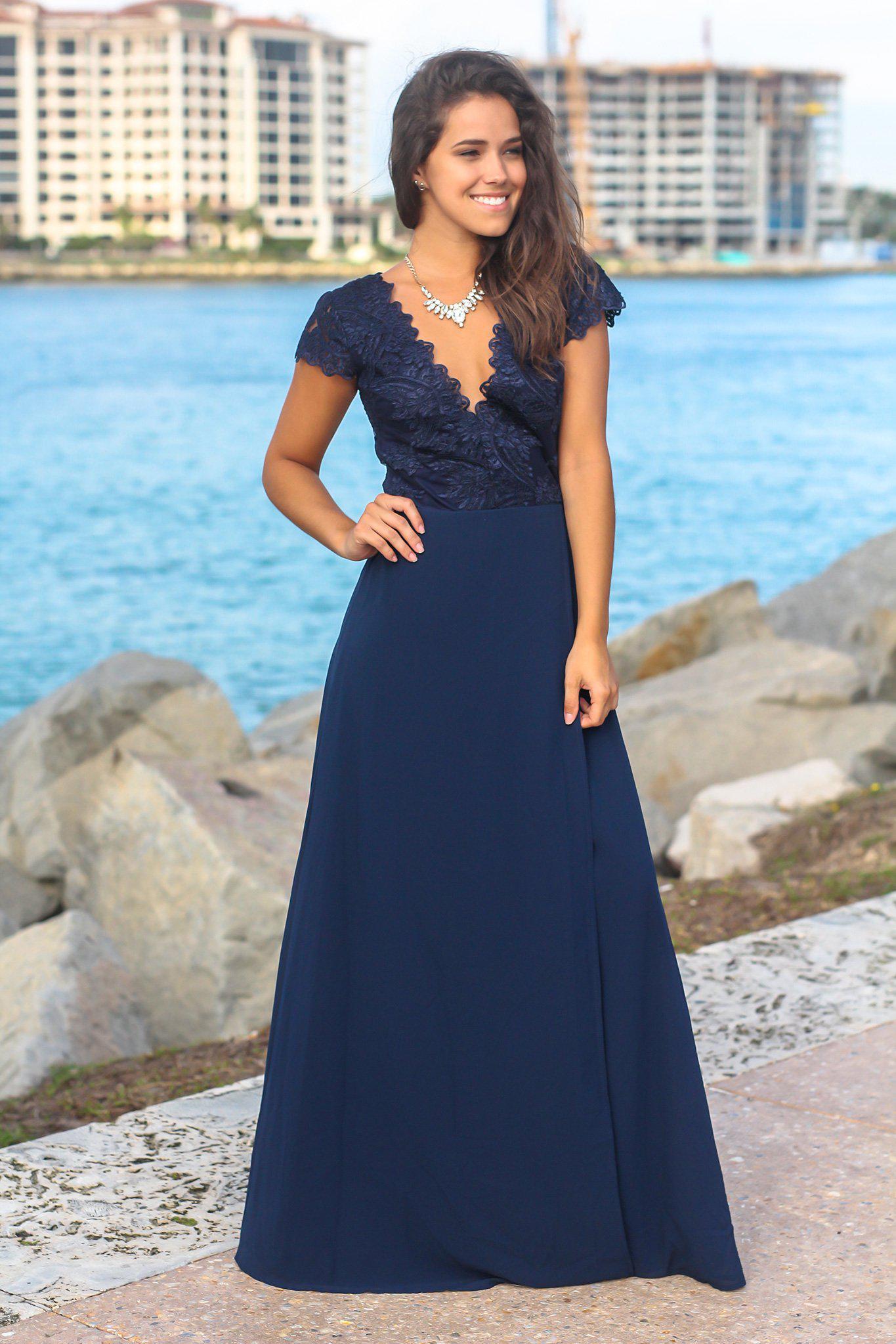 Navy Short Sleeve Maxi Dress with Embroidered Top and Slit | Maxi Dresses Saved by the Dress Navy Short Sleeve Maxi Dress with Embroidered Top and Slit | Maxi Dresses Saved by the Dress