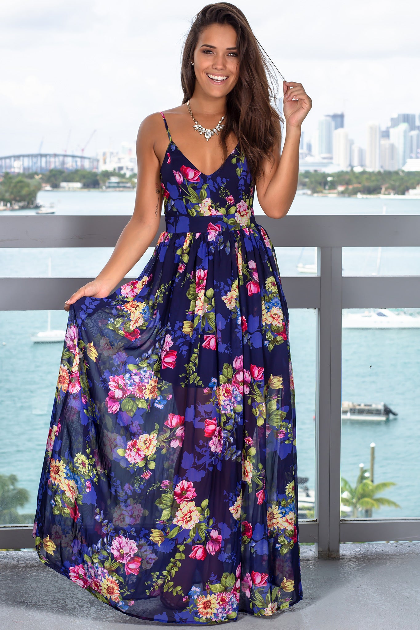 Only in dreams navy blue floral print maxi dress top