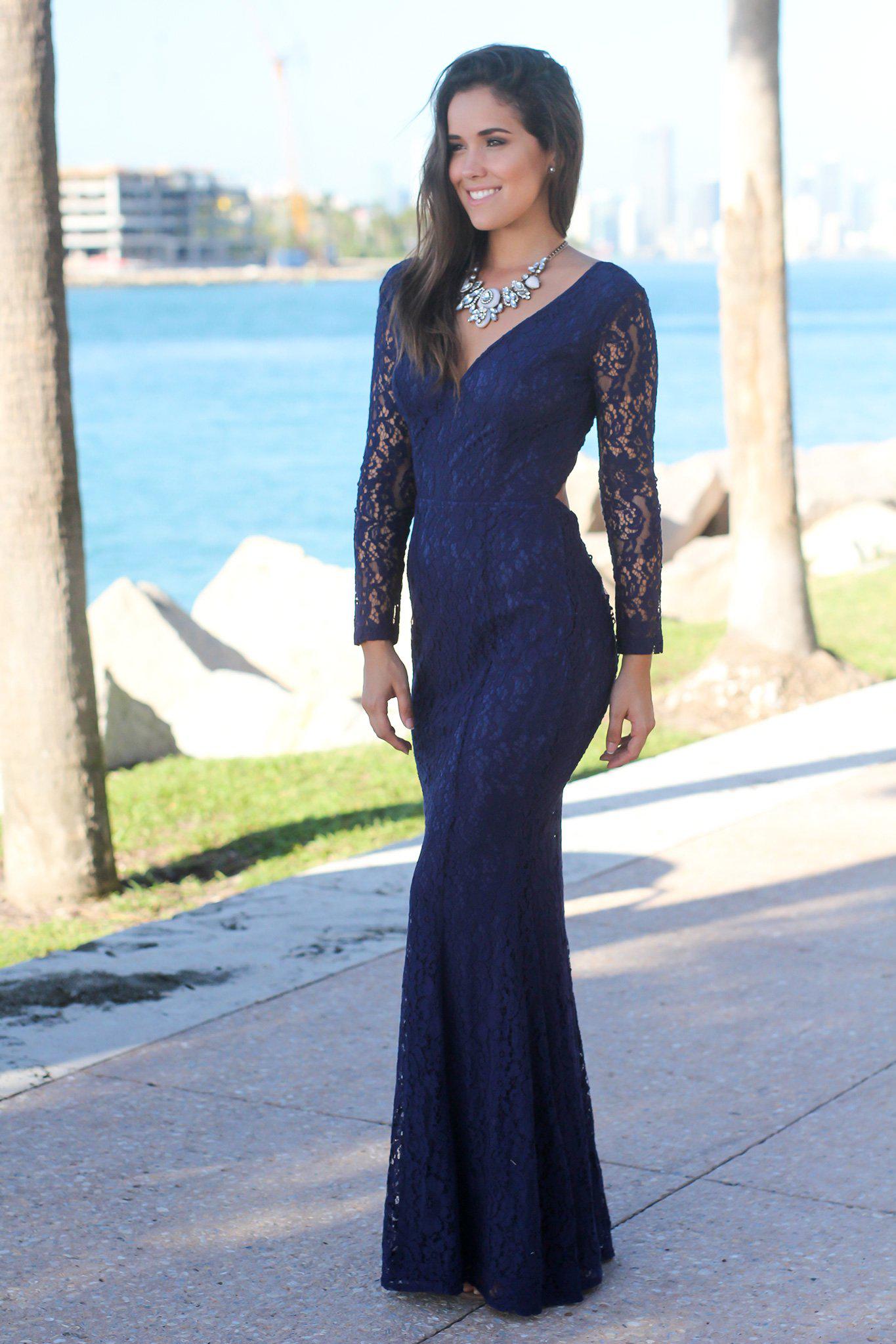 Navy Lace Long Sleeve Maxi Dress with Open Back | Formal Dresses Saved by the Dress Navy Lace Long Sleeve Maxi Dress with Open Back | Formal Dresses Saved by the Dress