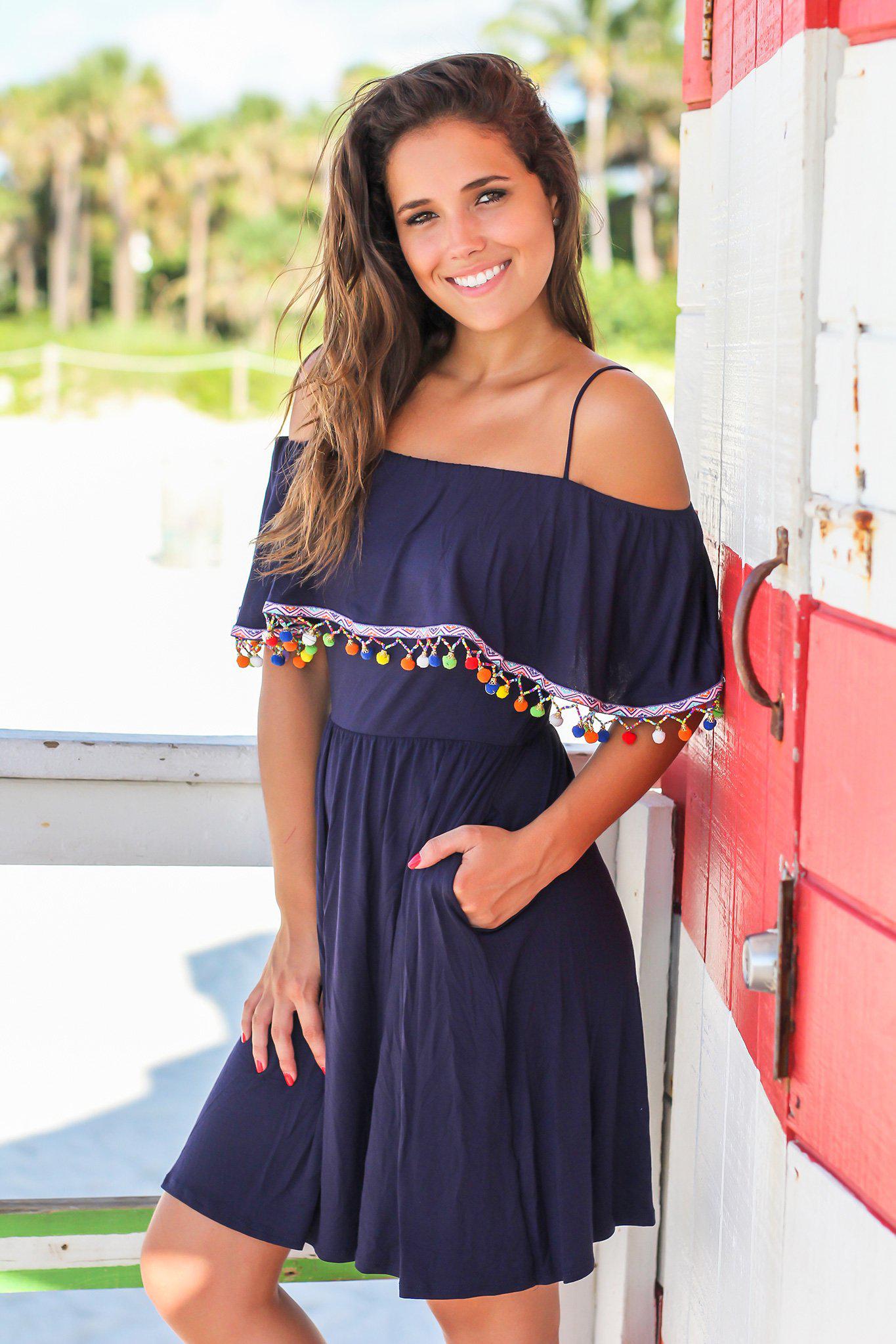 Navy Off Shoulder Pom Pom Dress