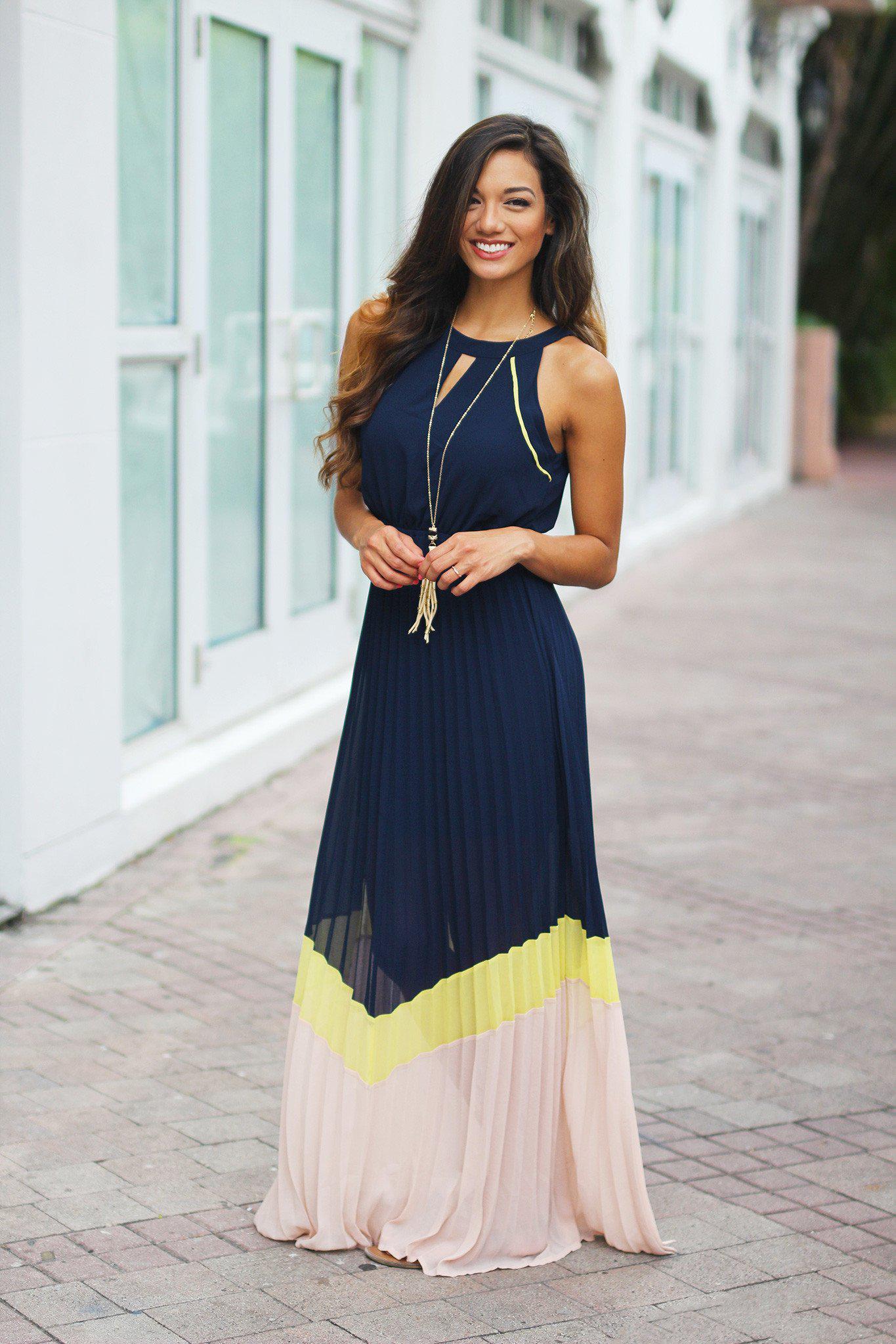 Navy Color Block Pleated Maxi Dress | Color Block Dress Saved by the Dress Navy Color Block Pleated Maxi Dress | Color Block Dress Saved by the Dress