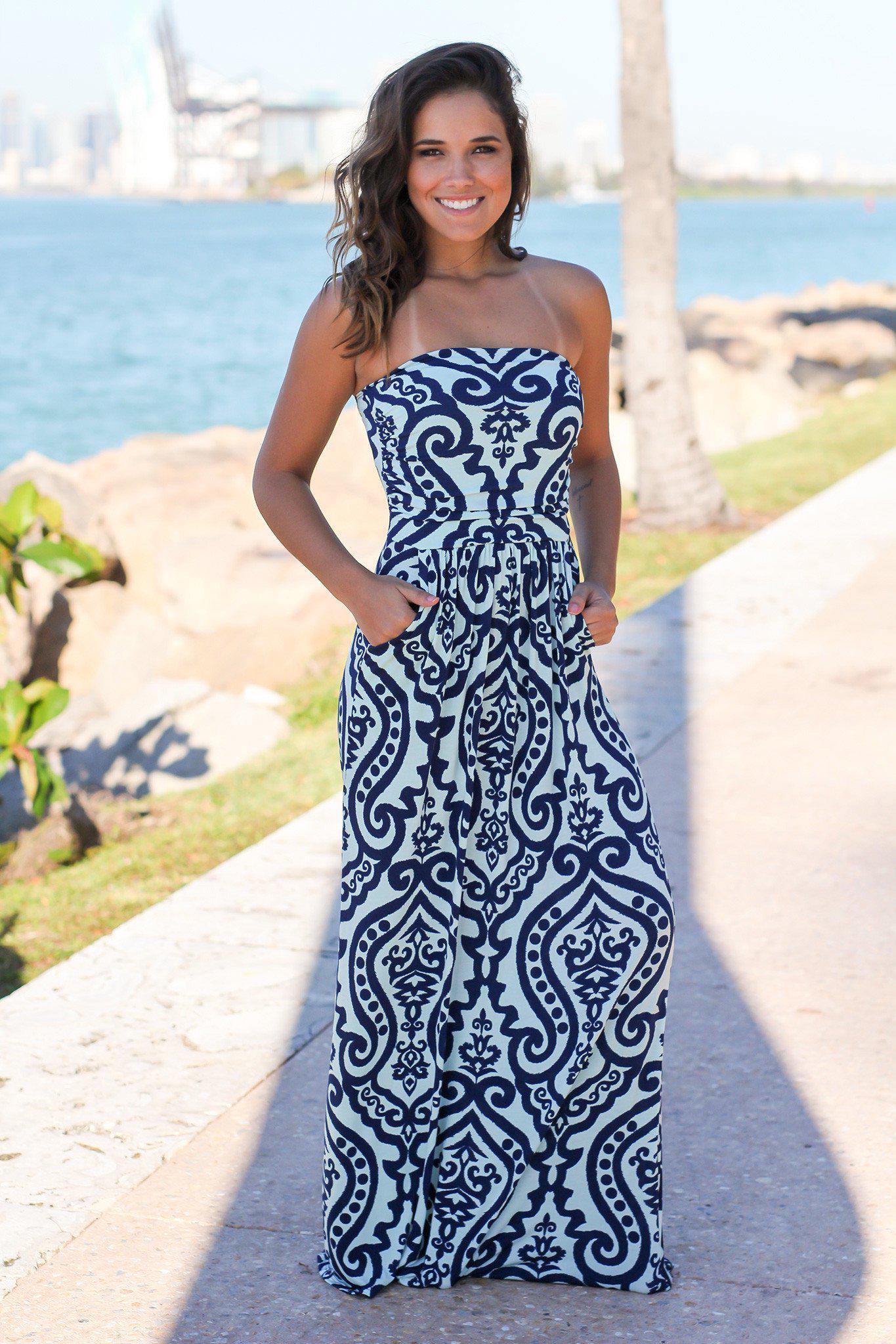 Pocketed Square Neckline Marine Print Maxi Dress