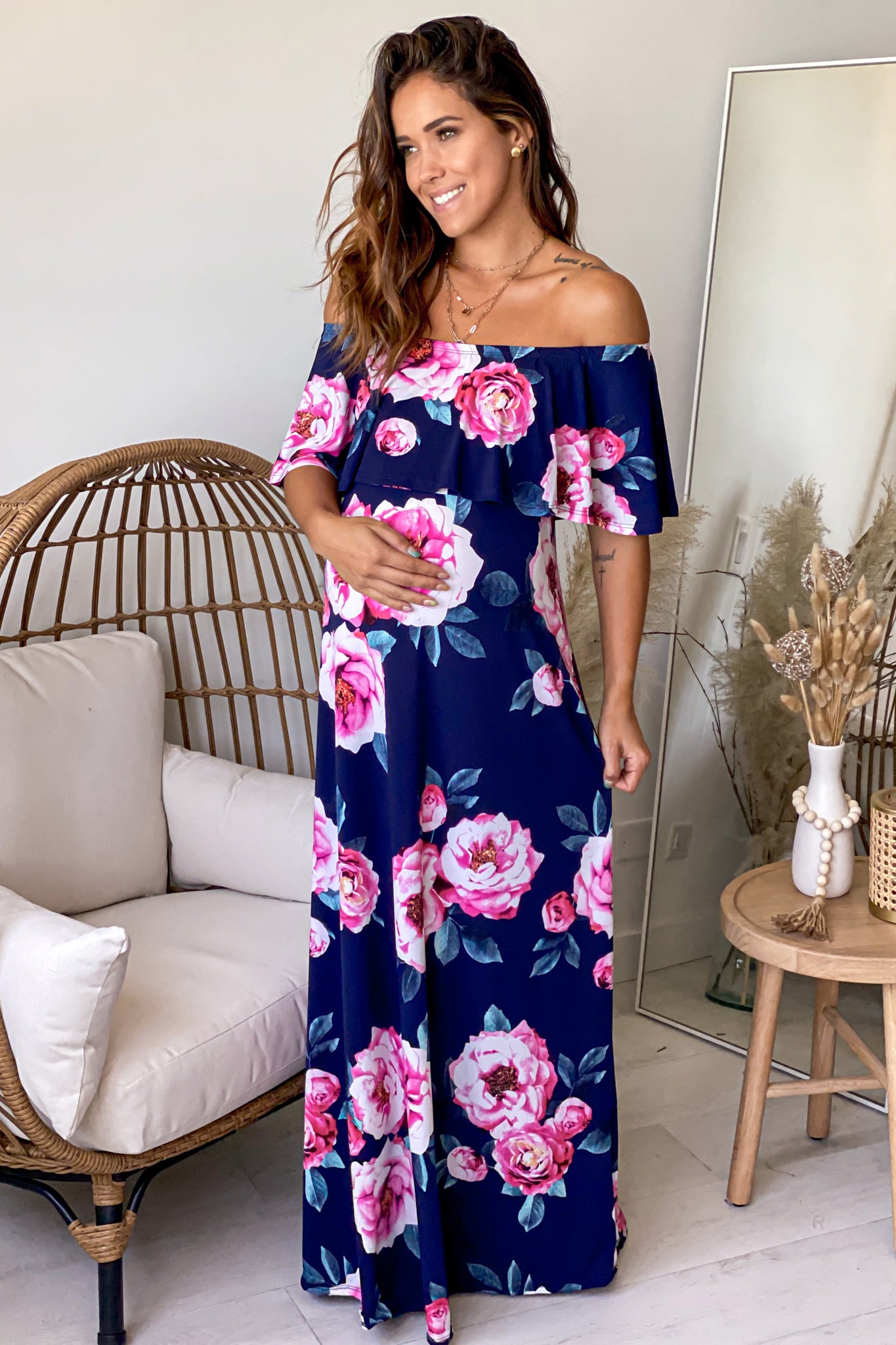 off shoulder maxi dress maternity Navy and Pink Floral Off Shoulder Maternity Maxi Dress