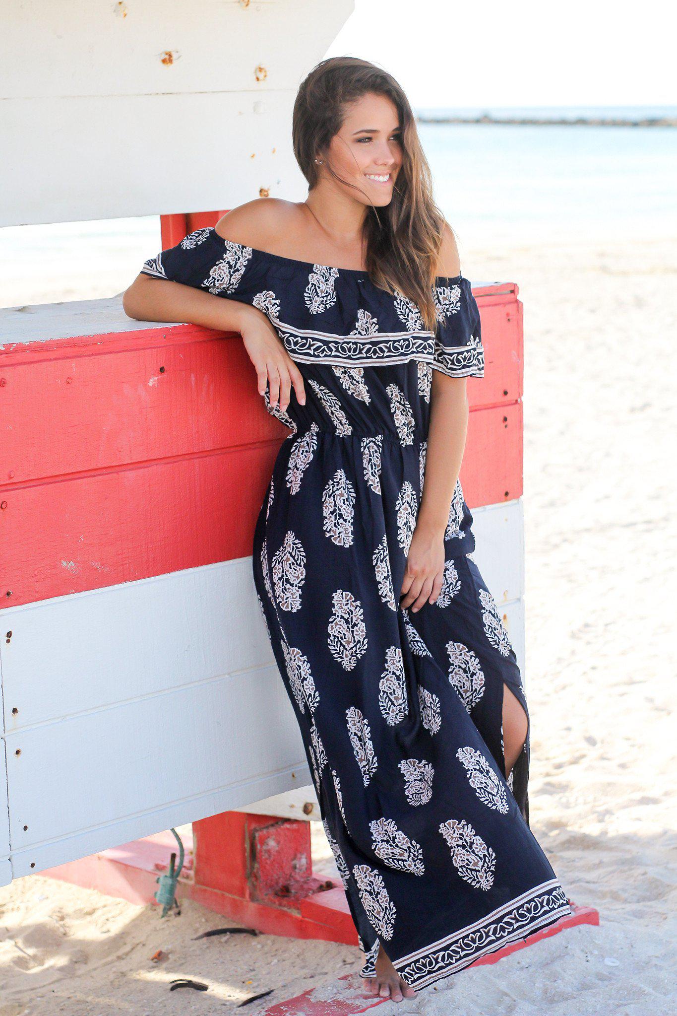 Navy and Mocha Off Shoulder Maxi Dress