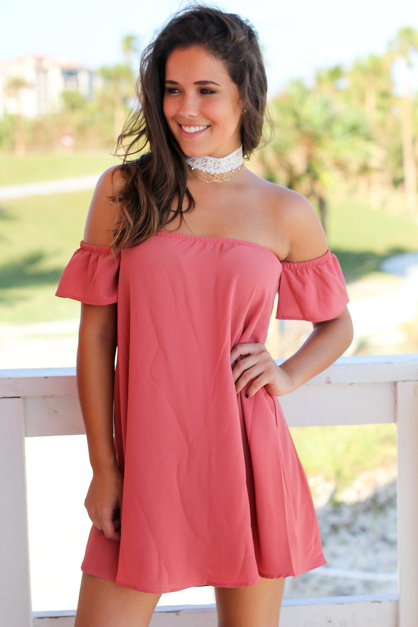 chinese dress ladies Dusty Rose Off Shoulder Short Dress