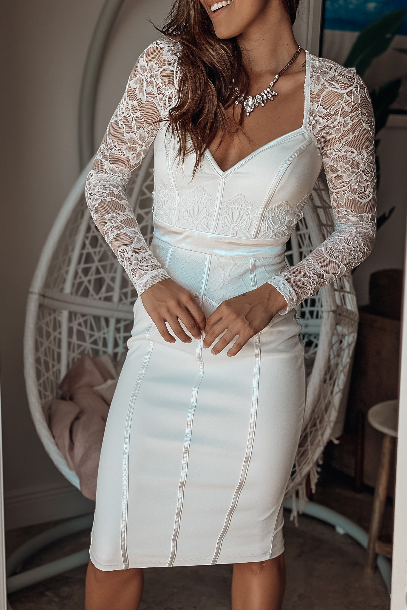 Lace Long Sleeve White Midi Bodycon Dress V-Neck Long Sleeve Midi