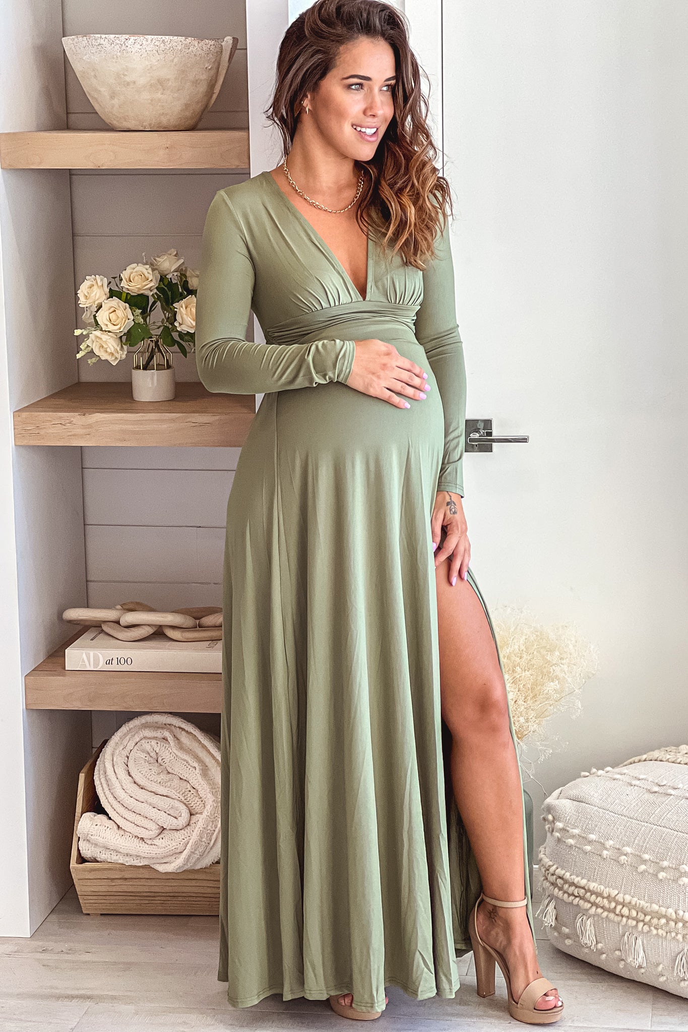 Olive Green Polka Maternity and Feeding Maxi Gown | Putchi