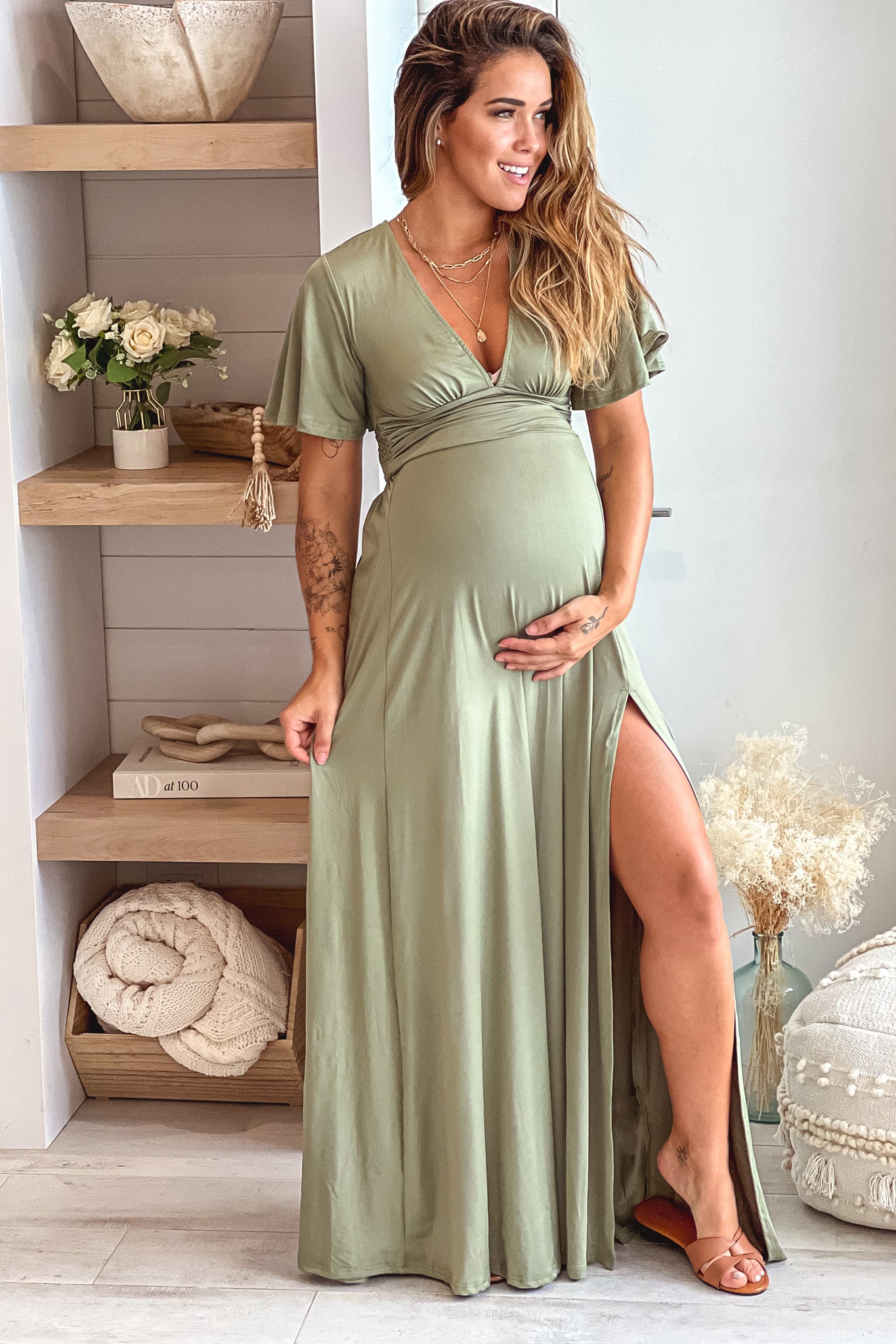 Olive Maternity Maxi Dress with Slit and Short Sleeves | Saved By The Dress Saved by the Dress Olive Maternity Maxi Dress with Slit and Short Sleeves | Saved By The Dress Saved by the Dress