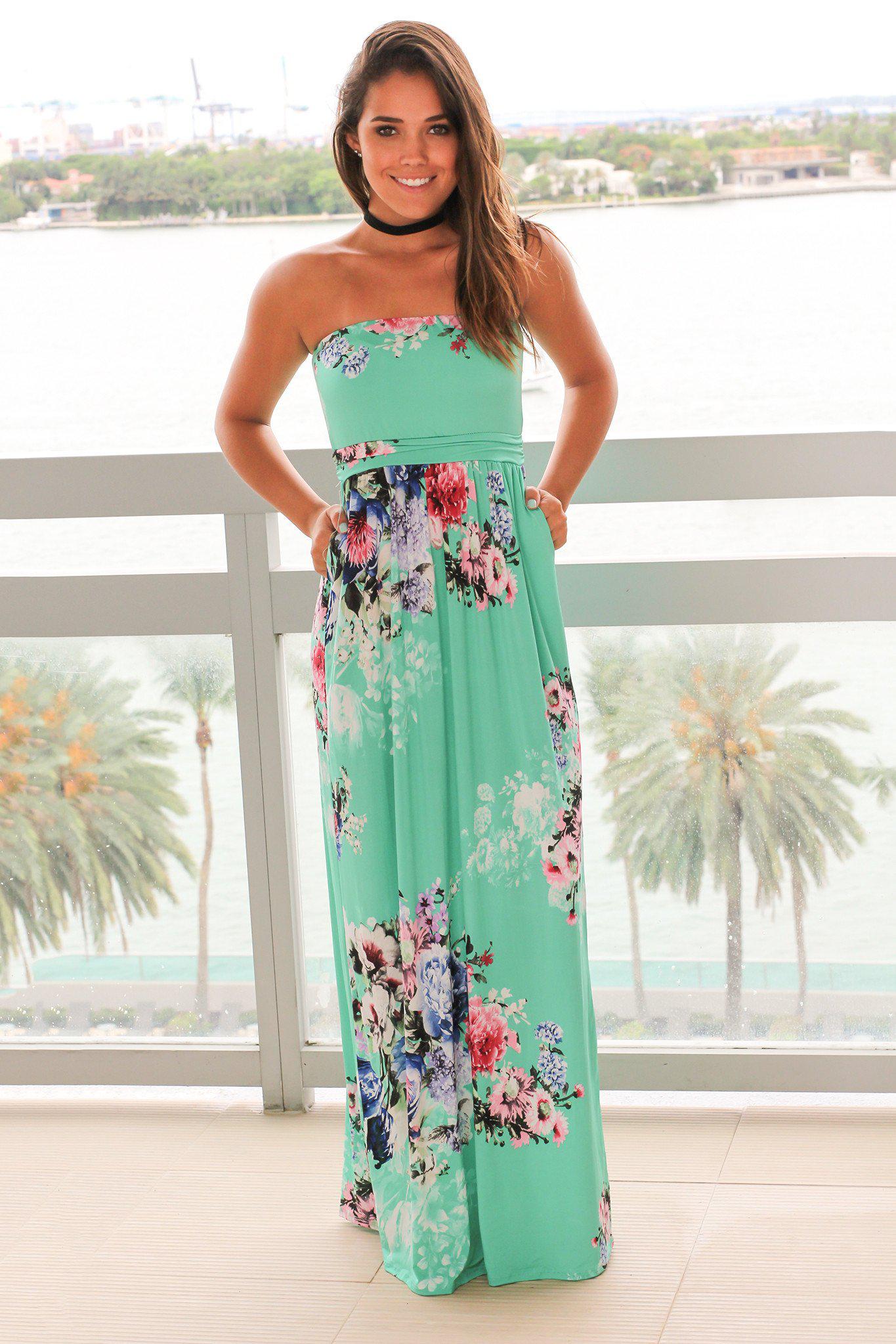 green emerald velvet dress Mint and Pink Floral Strapless Maxi Dress