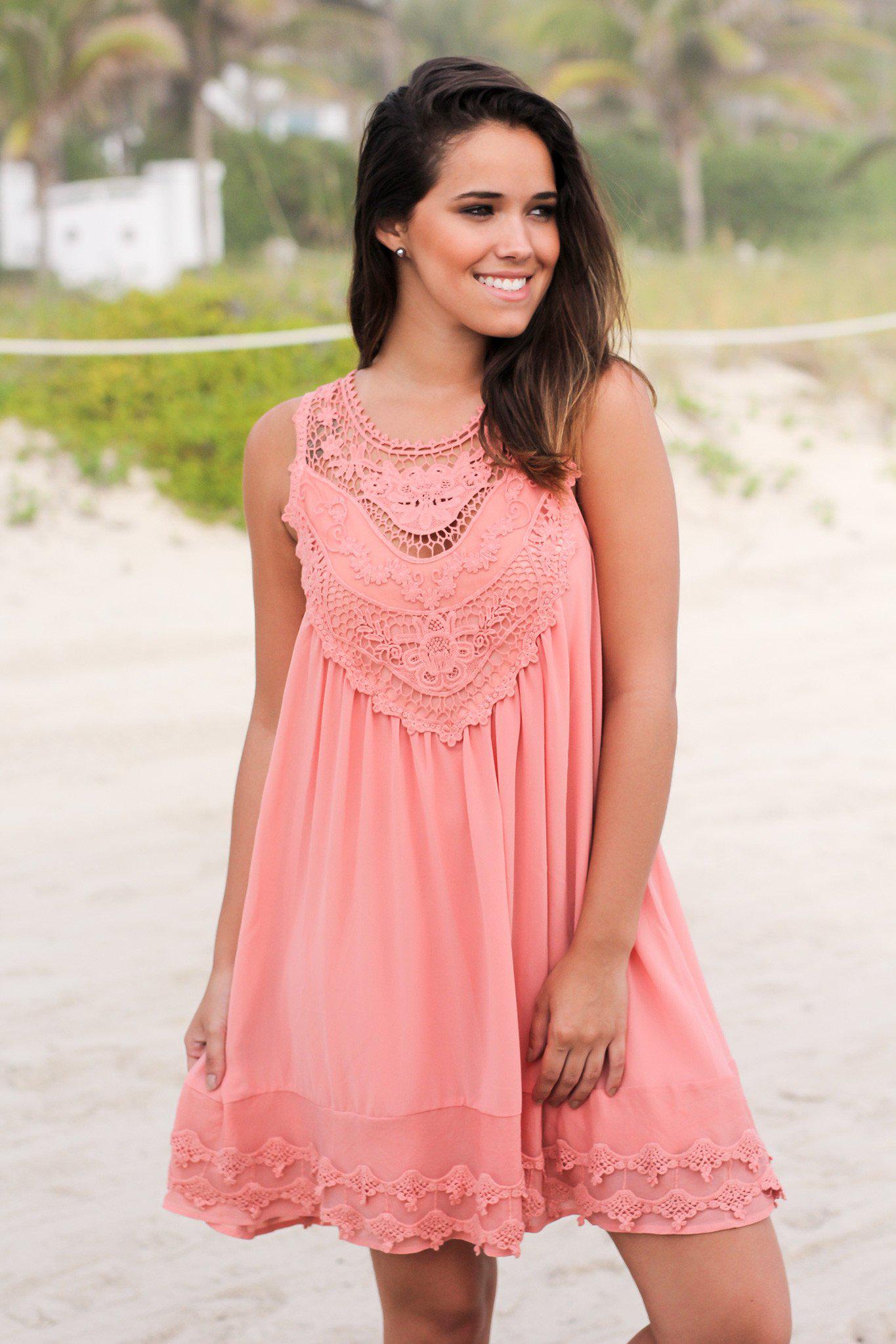 Peach Chiffon Crochet Short Dress Short Dresses – Saved by the Dress