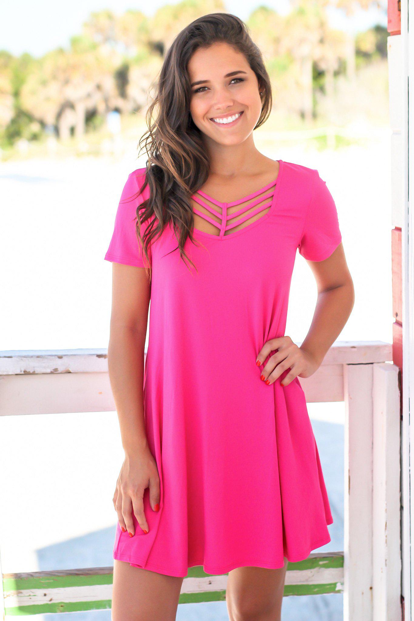 Hot Pink Short Sleeve Strappy Short Dress | Short Dresses Saved by the Dress Hot Pink Short Sleeve Strappy Short Dress | Short Dresses Saved by the Dress
