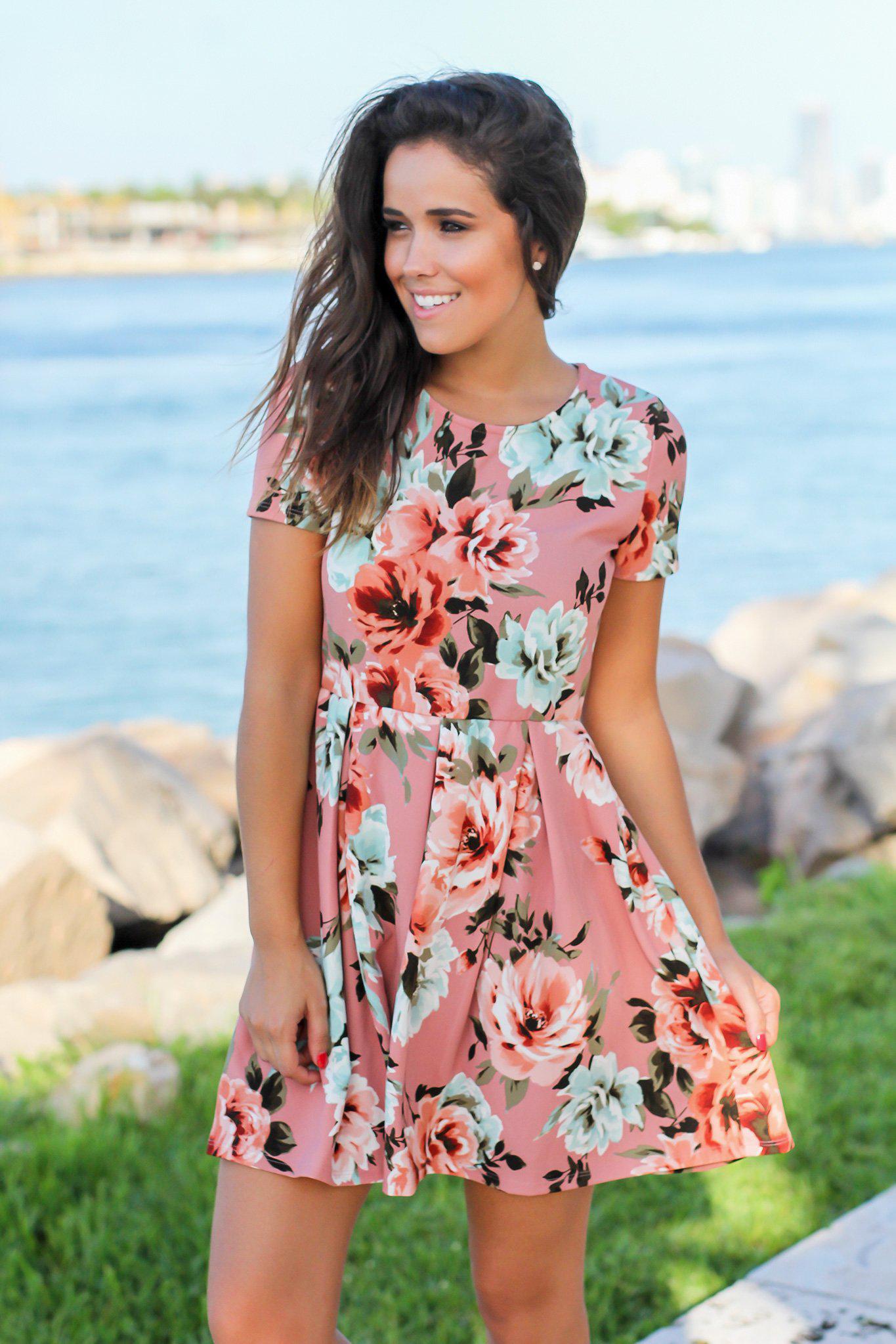 Pink Floral Short Dress with Pleats Pink Floral Short Dress with Pleats
