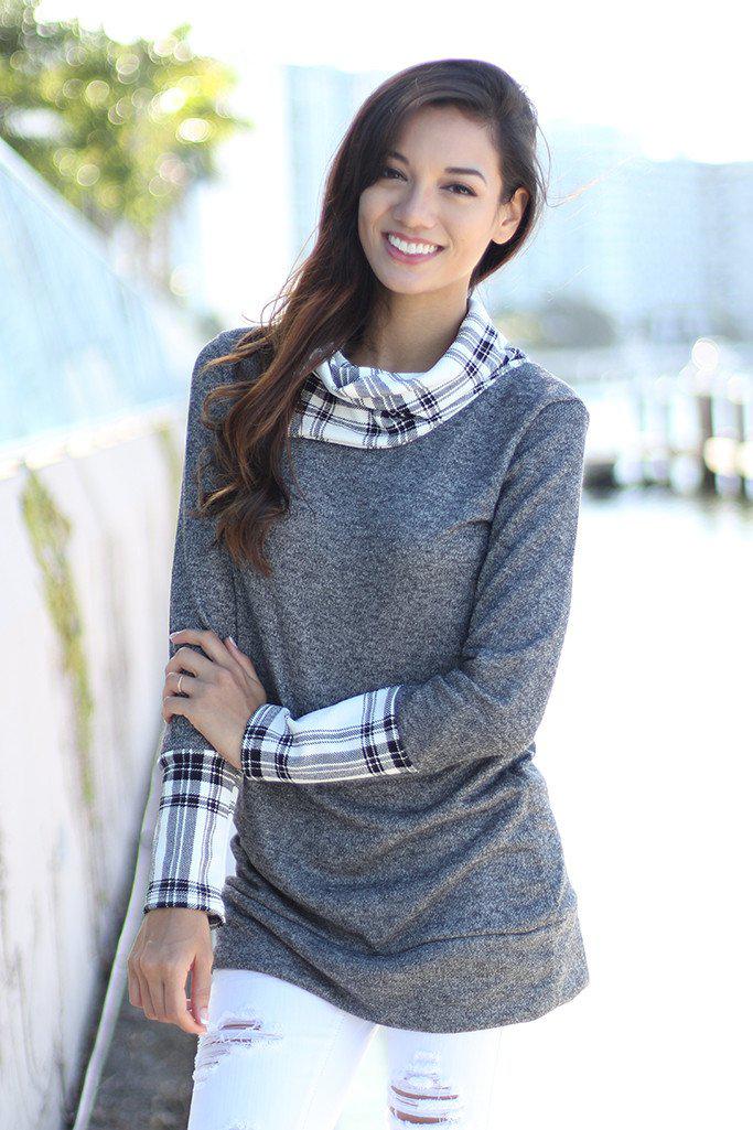 Gray Plaid Top With Cowl Neck