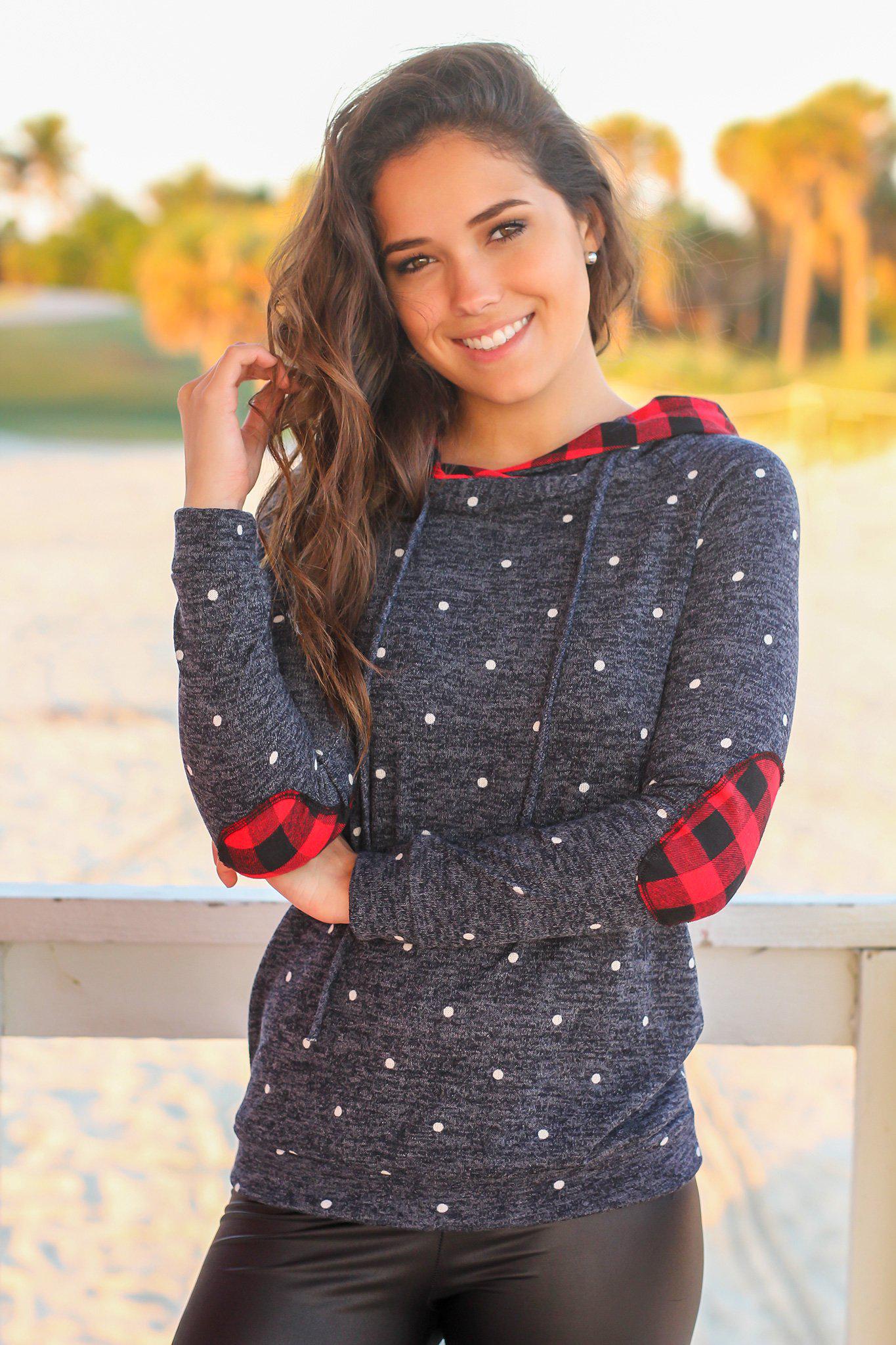 Navy Polka Dot and Plaid Hoodie | Hoodies - Saved by the Dress