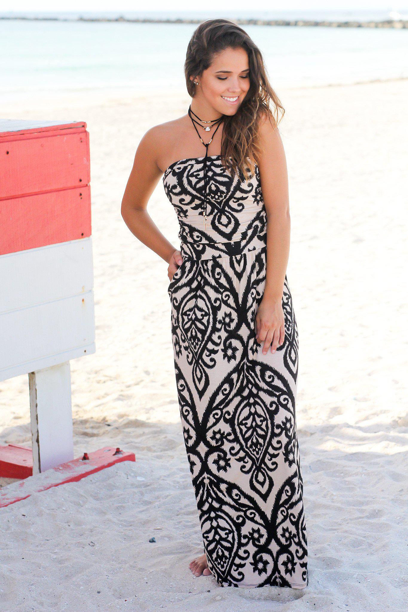Black and Taupe Strapless Maxi Dress