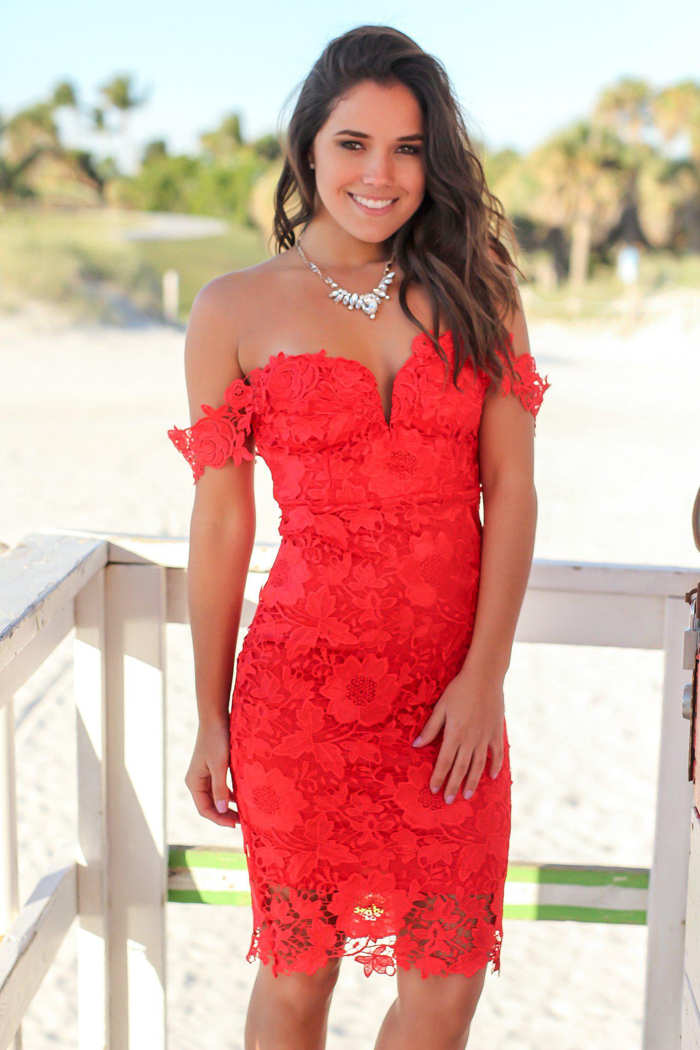 Red Crochet Off Shoulder Short Dress