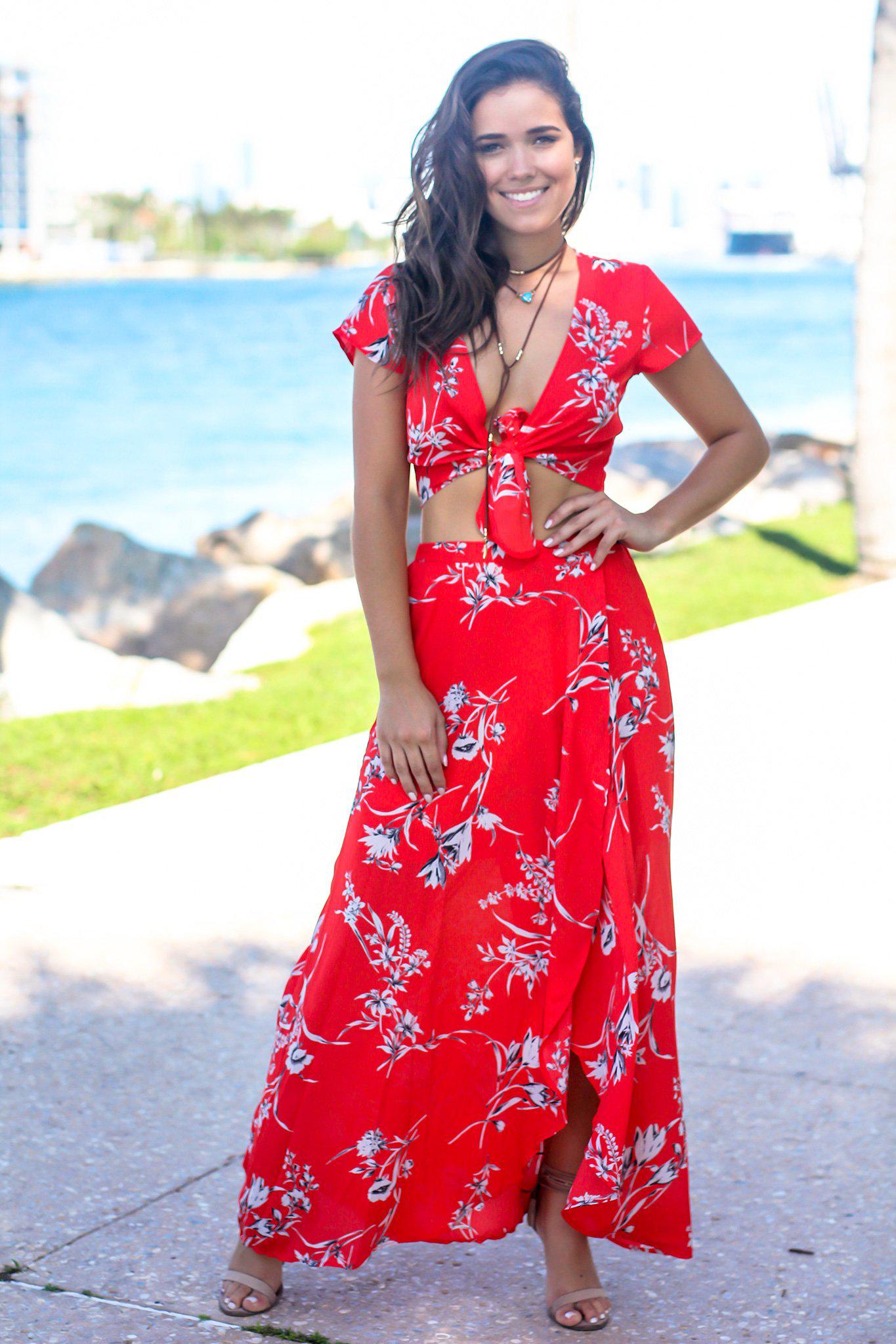 Red floral top two piece dress