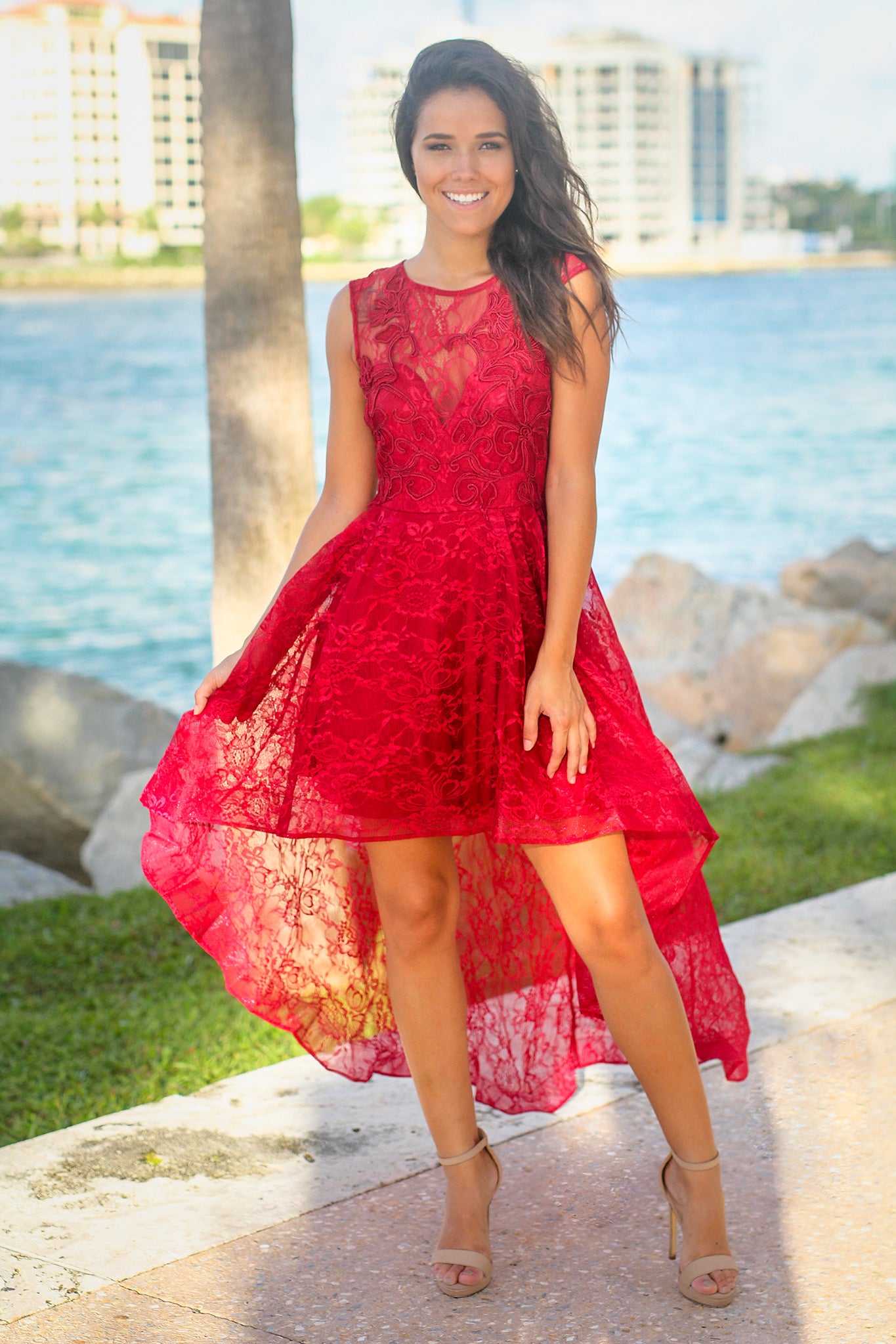 Red Lace High Low Dress