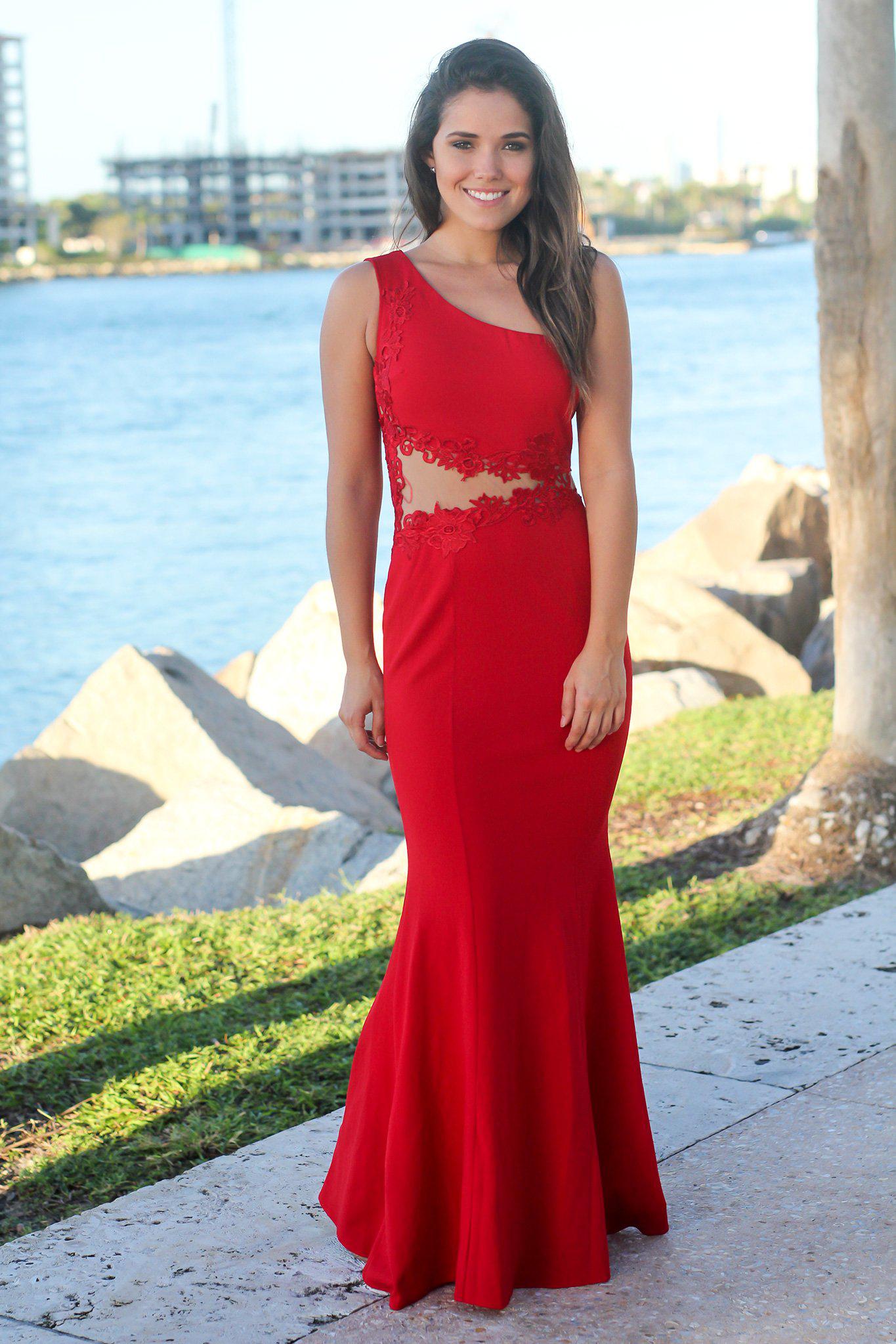 strapless open back dress Red Single Strap Maxi Dress with Mesh Detail