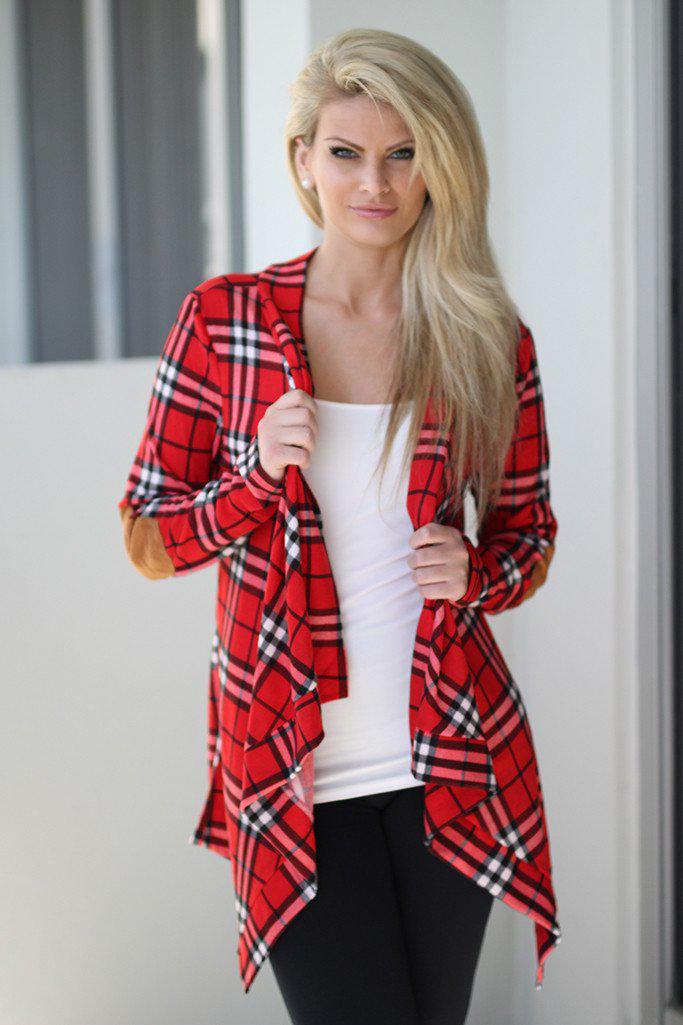 Red checkered cardigan sales