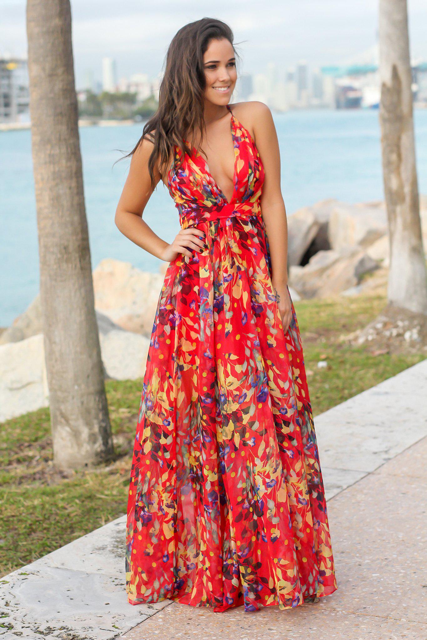 Red Printed Maxi Dress with Criss Cross Back | Maxi Dresses  Saved by the  Dress