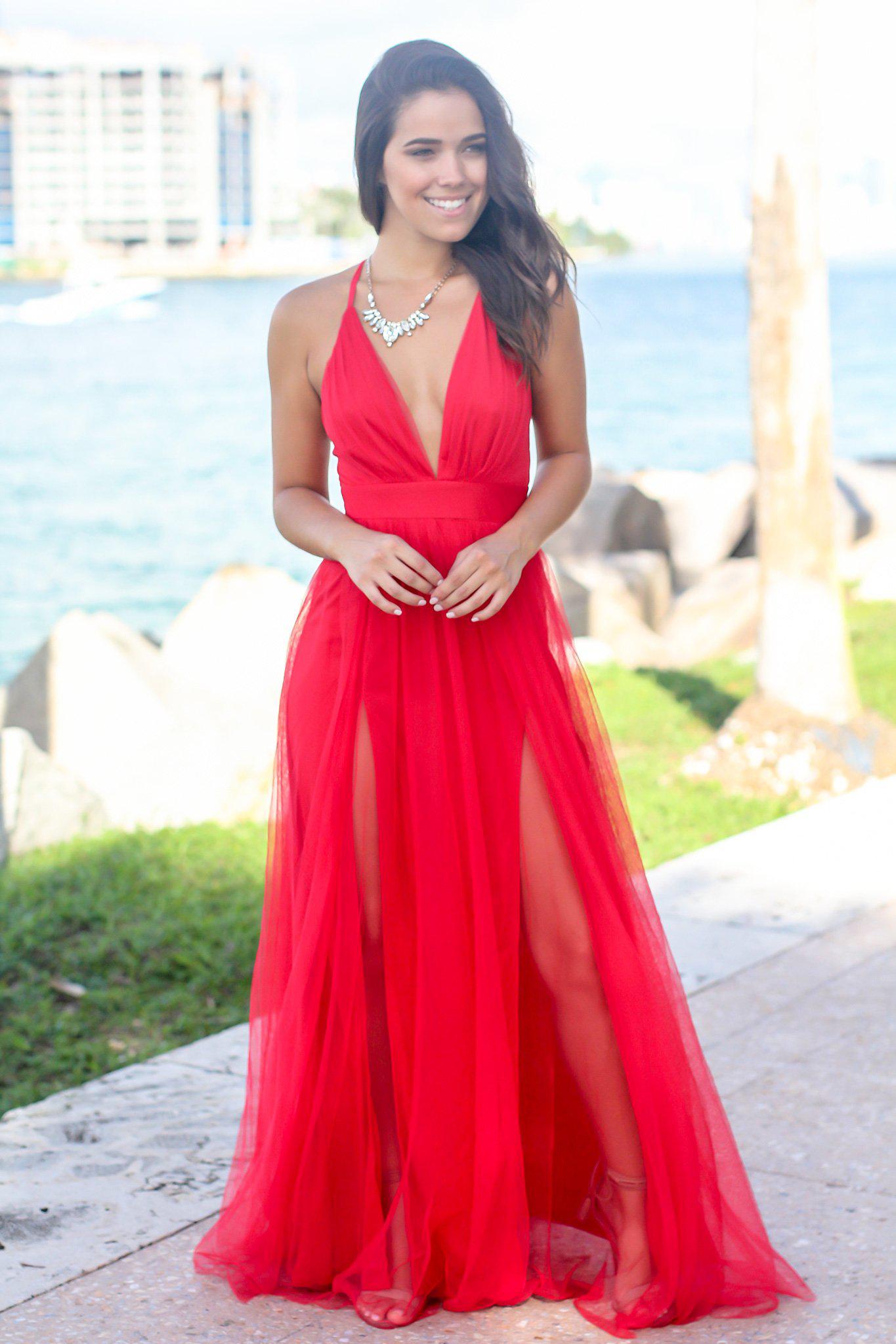Red V Neck Tulle Maxi Dress with Criss Cross Back Maxi Dresses Saved by the Dress