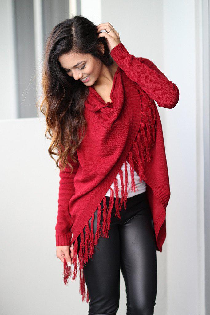 Boho Fringe Knit Cardy Red