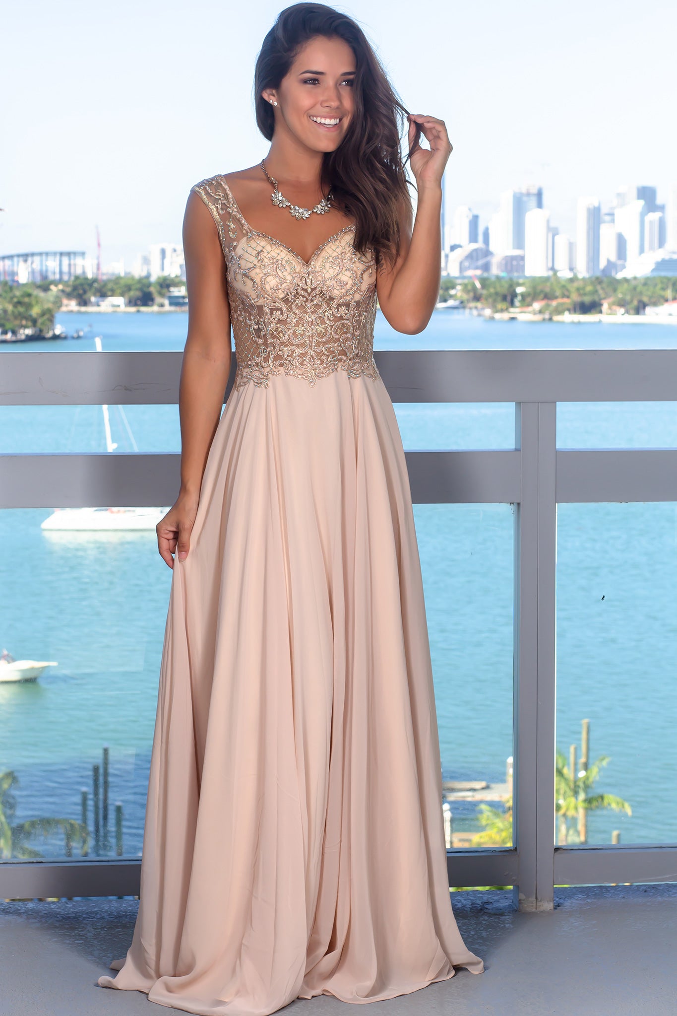 Sand Maxi Dress with Jewel Embroidered Top | Formal Dresses Saved by the Dress Sand Maxi Dress with Jewel Embroidered Top | Formal Dresses Saved by the Dress