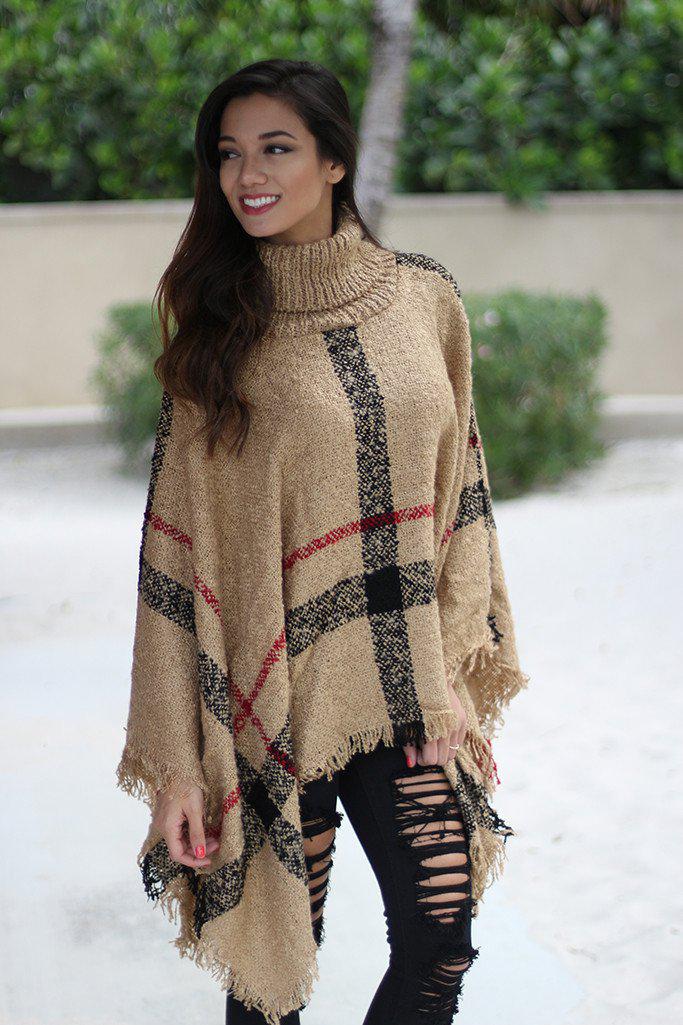 Taupe Plaid Poncho | Taupe Poncho | Knit Poncho – Saved by the Dress