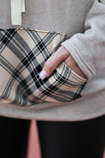Taupe Plaid Hoodie With Pocket
