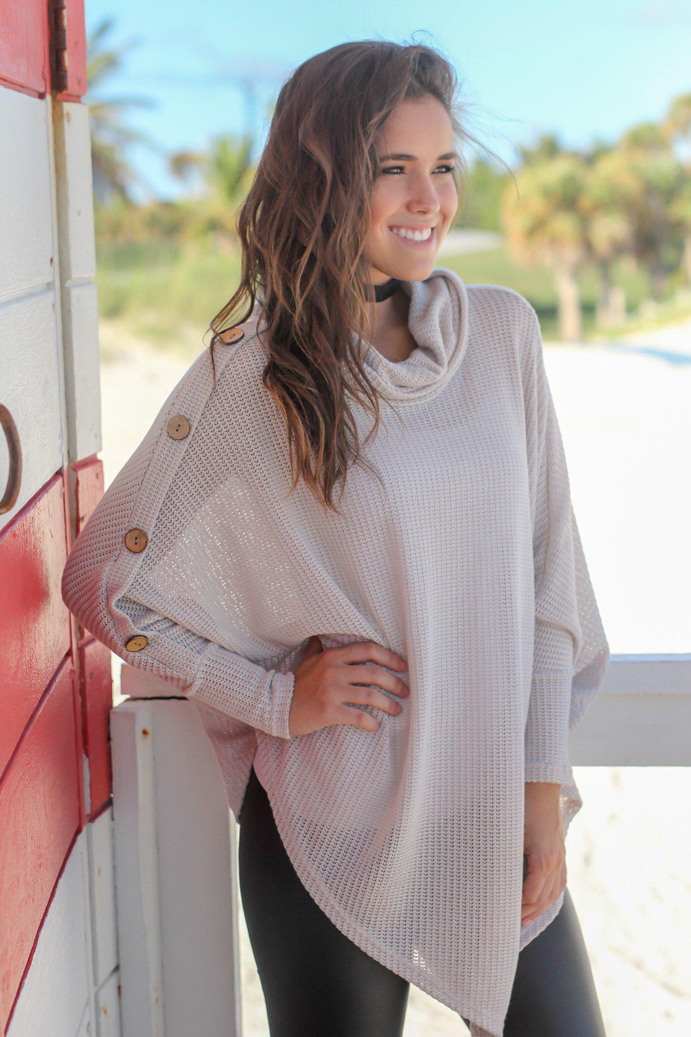 Taupe Poncho Sweater with Buttons | Ponchos – Saved by the Dress