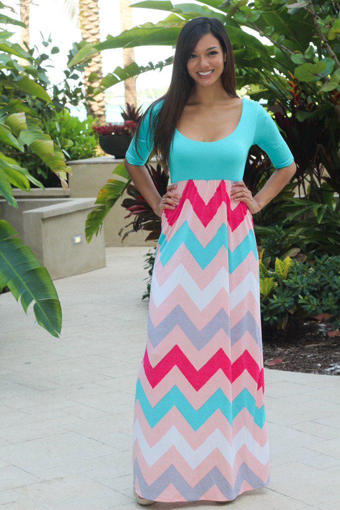 strapless open back dress Turquoise and Pink Chevron Maxi Dress – Saved by the Dress