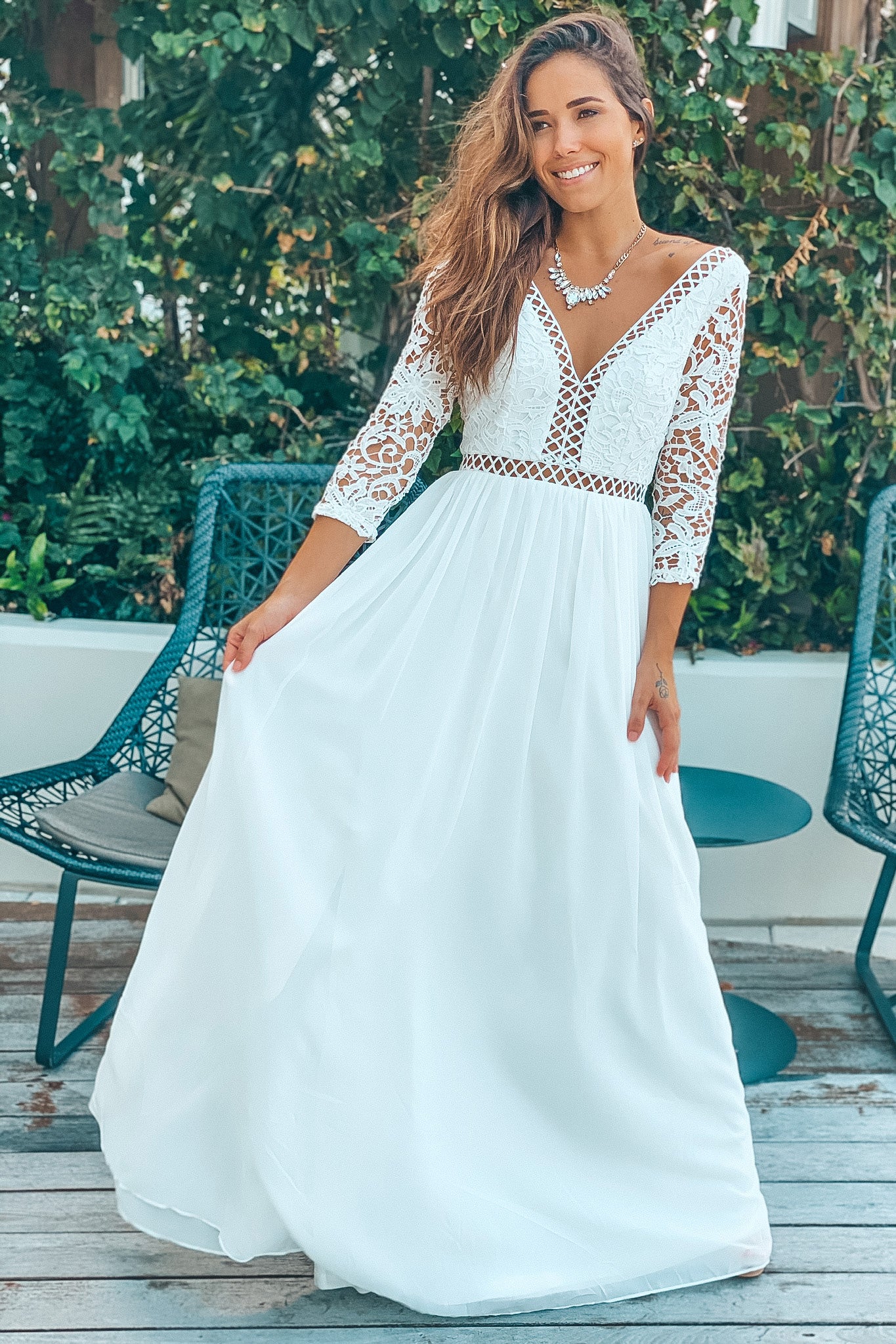 White Crochet Top Maxi Dress with Sleeves Maxi Dresses Saved by the