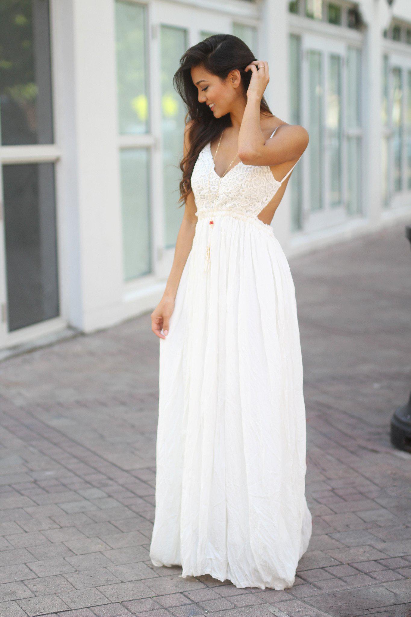 White Lace Maxi Dress with Open Back and Frayed Hem | Maxi Dresses Saved by the Dress White Lace Maxi Dress with Open Back and Frayed Hem | Maxi Dresses Saved by the Dress